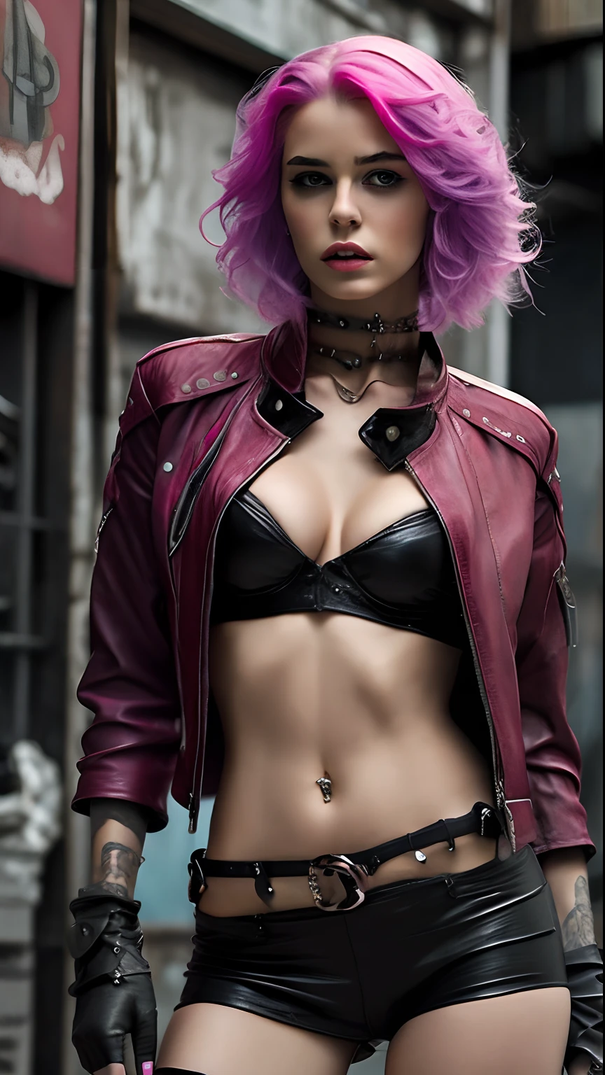 Beautiful woman, 21 year old, dyed pink hair, sexy leather clothes, long breasts, cyberpunk style, realistic detailed, sexy, portrait, bad ass, punk, rebel, full body shot