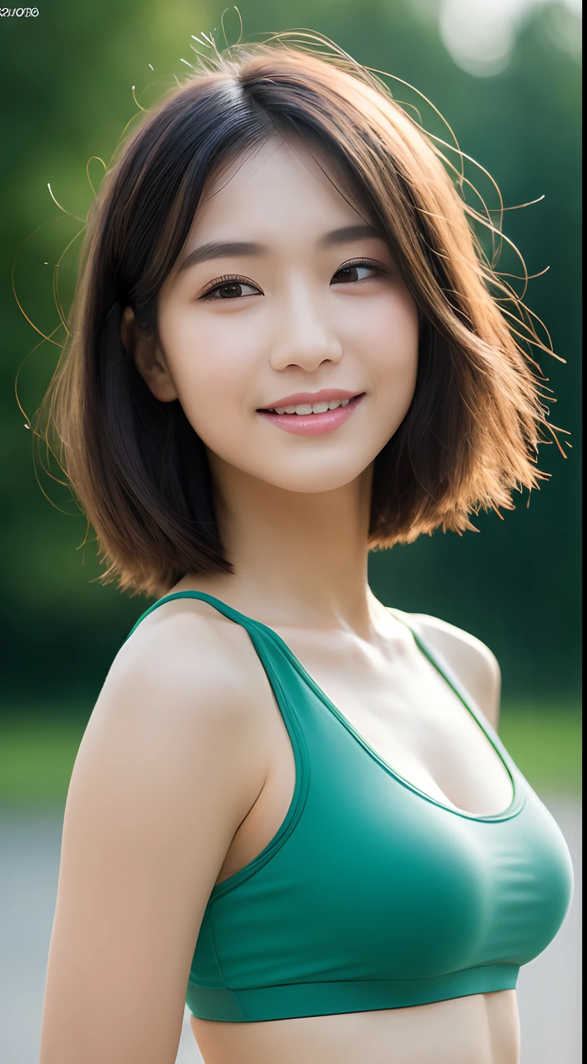((Top Quality, 8k, Masterpiece: 1.3)), Sharp Focus: 1.2, Perfect Body Shape Pretty Woman: 1.4, Slender Abs: 1.2, (Layered Haircut, Big: 1.8), (Sports Bra: 2.0), (Jogging: 1.8), (Street: 1.2), Highly Detailed Face and Skin Texture, Detailed Eyes, Double Eyelids, Smile, Bokeh,