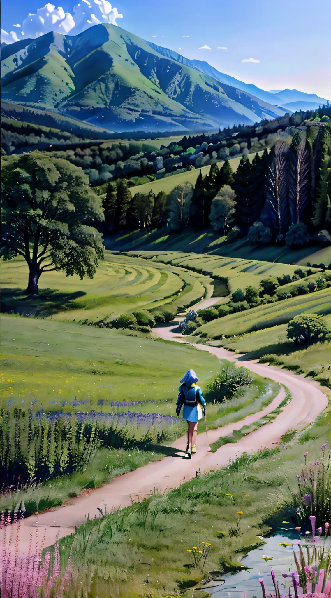 In a green meadow stands a girl leading a group of knights.
BREAK
With a brave expression, she guides them towards their destination.
BREAK
Behind her, a green forest stretches out and beyond that, mountains rise in the distance.
BREAK
The most suitable effect for this scene would be a watercolor painting technique to capture the softness of the meadow and the fluidity of the movement.