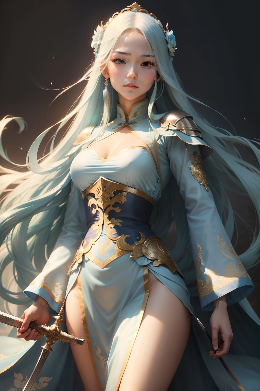 A beautiful woman in a light blue costume，Long flowing hair and delicate facial features，It exudes a pure, noble and confident temperament。Holding a general sword and exquisite clothing, he shows the Chinese style