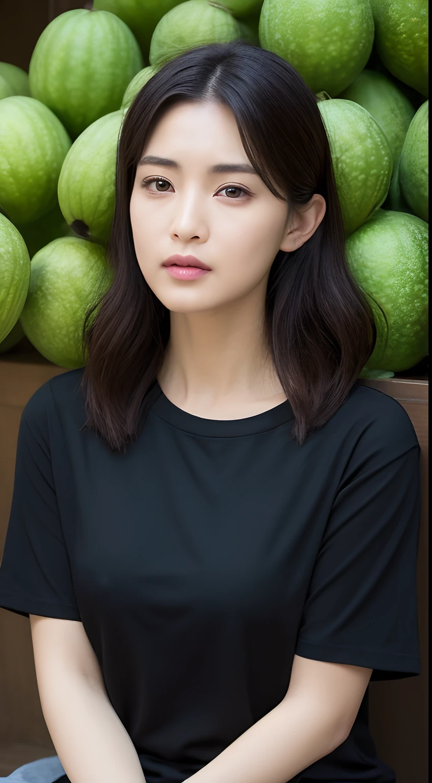 1girl，Close up of a mature woman in a black shirt，frontage，Melon seed face，Bigchest，photore，realisticlying，best qualtiy，详细的脸，Upper body photo，