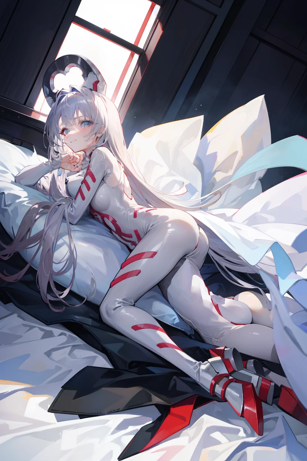 tiny girl　a smile　silber hair　Long　full body suits　seductiv　Rear view　lie down