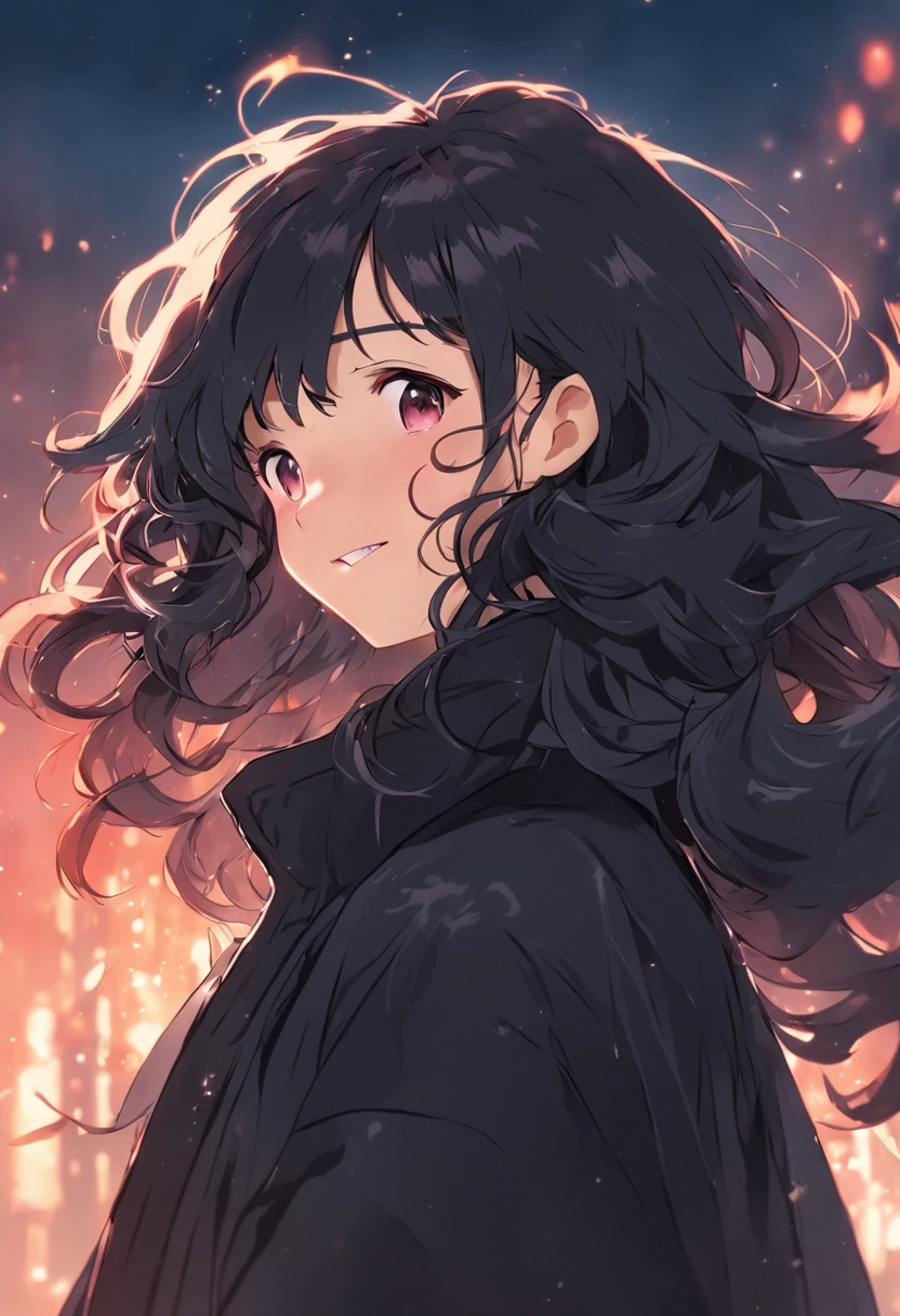 a asian beauty,Fluffy black wavy hair,Wearing a black down jacket,Enchanted smile