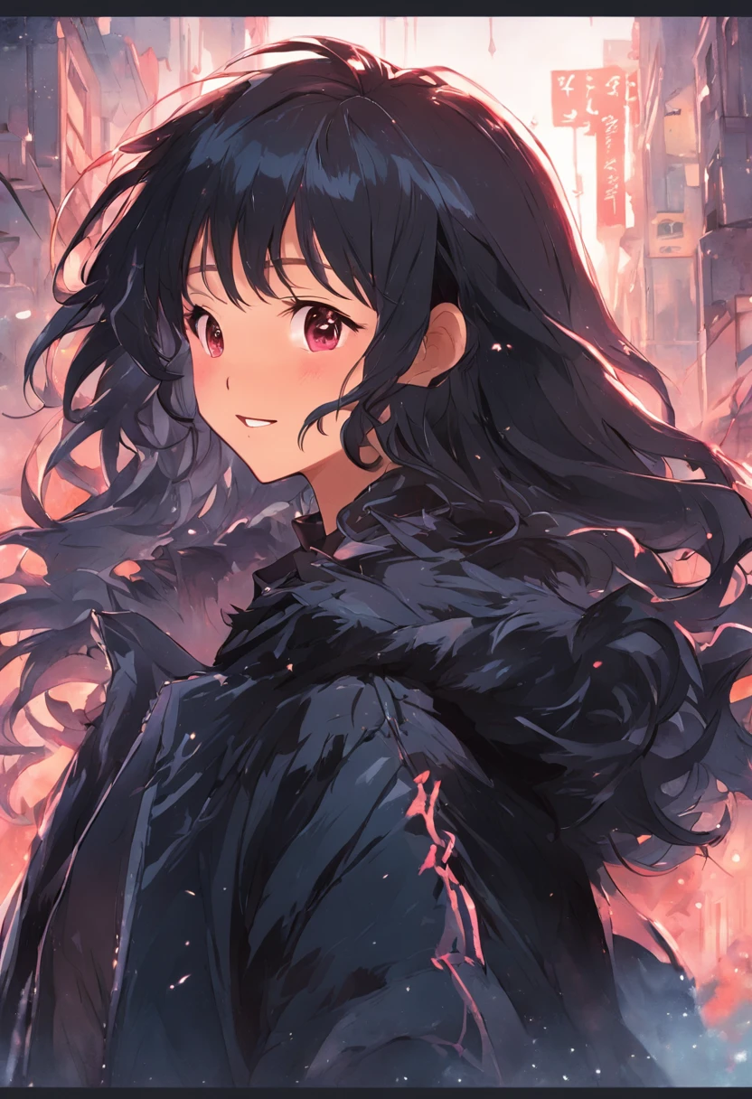 a asian beauty，Fluffy black wavy hair，Wearing a black down jacket，Enchanted smile