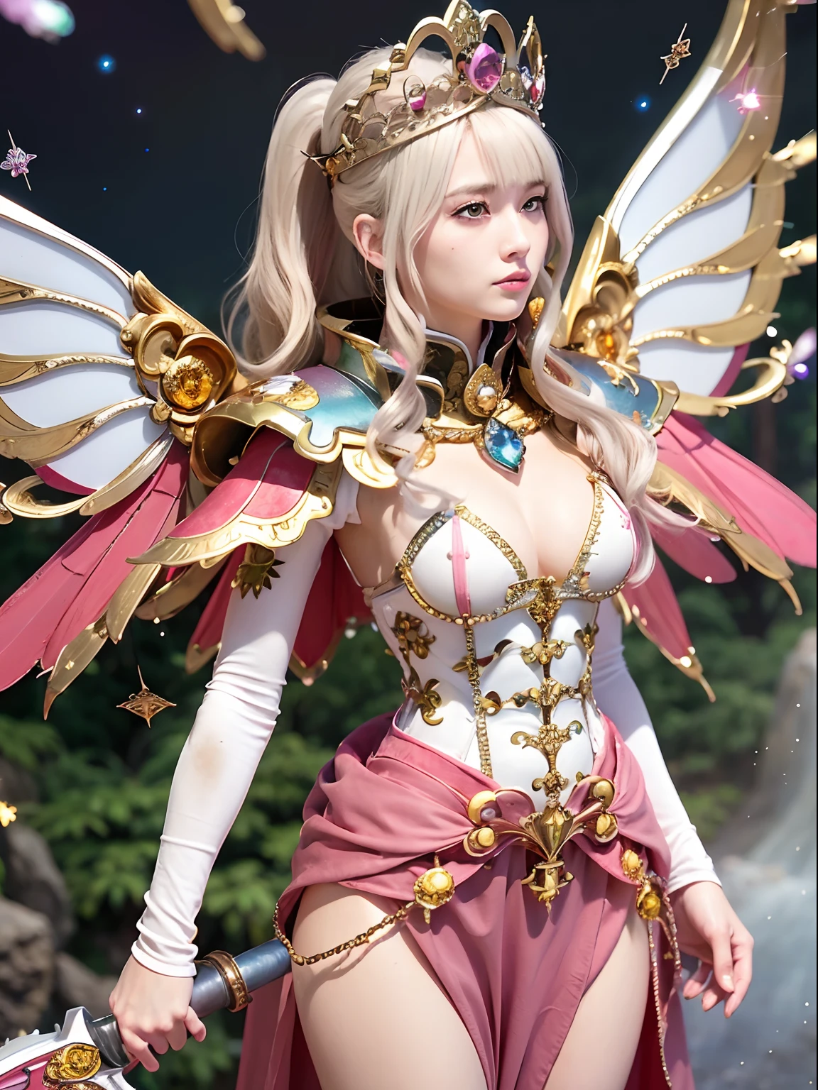 (masutepiece), Professional , ​masterpiece、top-quality、photos realistic , depth of fields （Gemstone Silver Metal Body:1.９),(Matt W White Pink、Jewel Gold Weapon、（Gorgeous castle background）、（ultimate beauty girl）、（Rainbow fairy wings grow）、Particles of light、（Metal body of iridescent gemstones:1.９),Gorgeous Jewel Metal Weapons , Detailed Sword of the Brave ,（ a blond）   ,warhammer 40k , adepta sororitas,Detail and ornate jewel crown、独奏、Brown hair、（Gangle's forest background）、Beautiful Caucasian beauty、１a person、dynamic ungle,(((Diamond tiara with detail and luxury)))、a small face、Powerful poses、（Gorgeous castle background）、huge filesize、20 year old beautiful woman、Stand in the center of the screen、Thin female fingers、Straight long hair、Beautiful Caucasian beauty、（maikurobikini）、Hair fluttering in the wind、face forwards、Look at viewers、