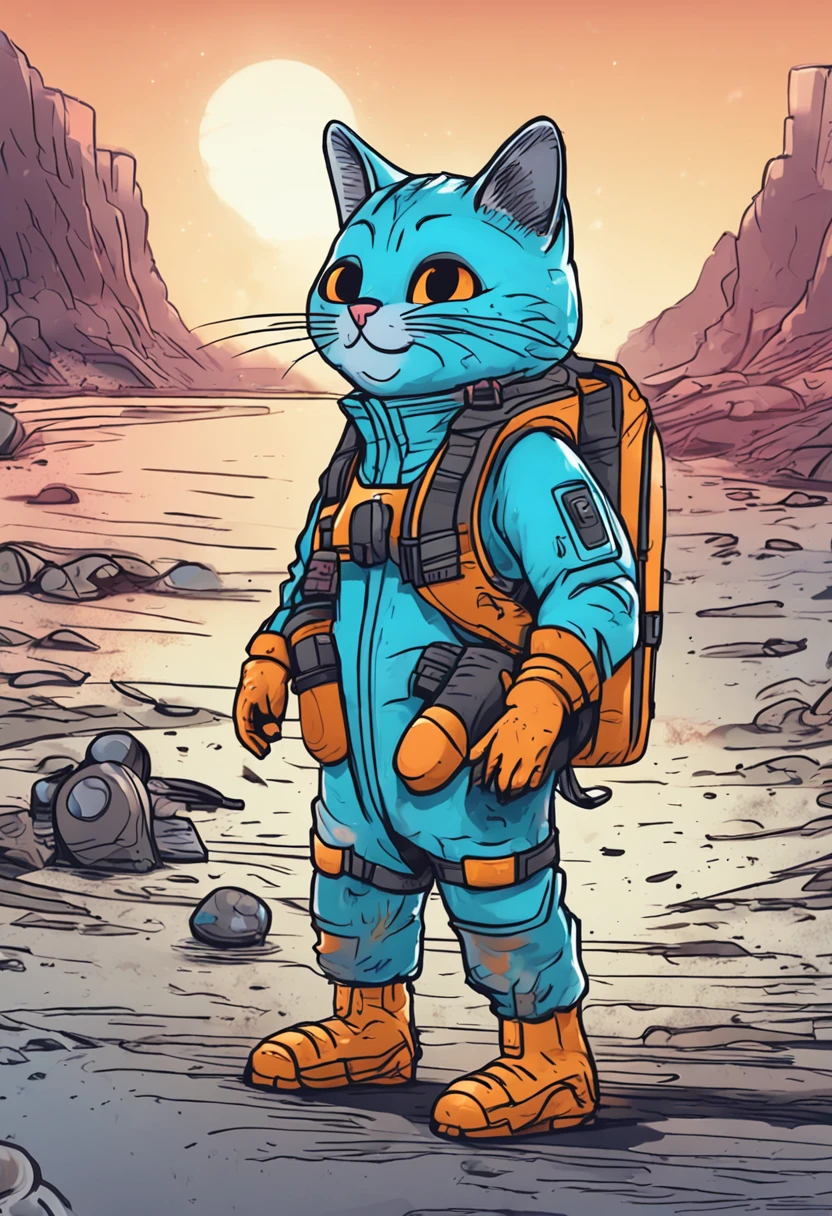 In cartoon style 8k illustrations,A blue cat wearing a radiation protection suit stands on a contaminated beach,And sighed。