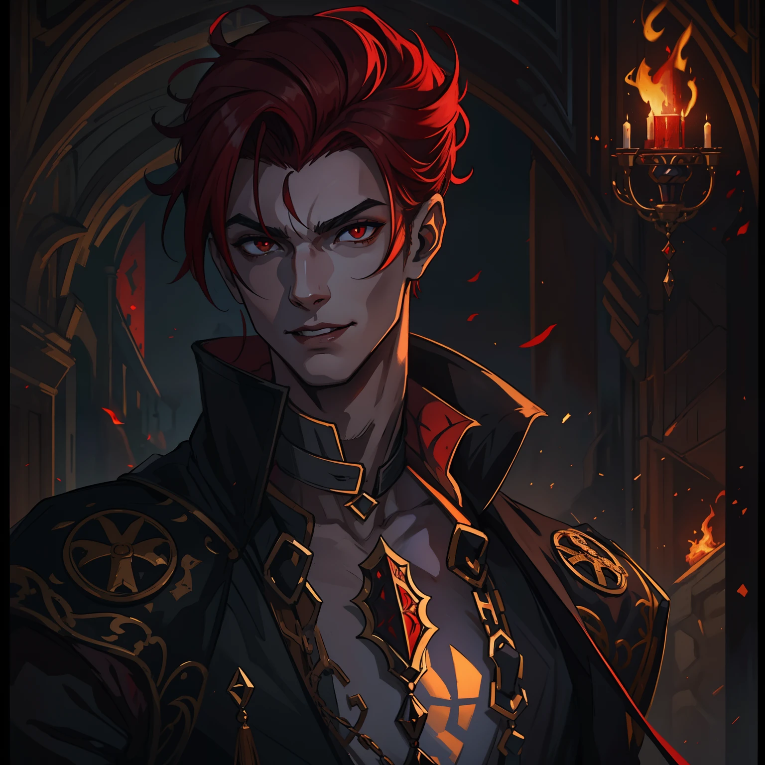 Tiefling Homem Adulto ,Tiefling Fire Sorcerer ,Dragon scales ,Tiefling Vermelho ,Olhos Flamejantes ,Corpo Inteiro ,DnD Caractere ,Roupas Vermelhas Elegantes
