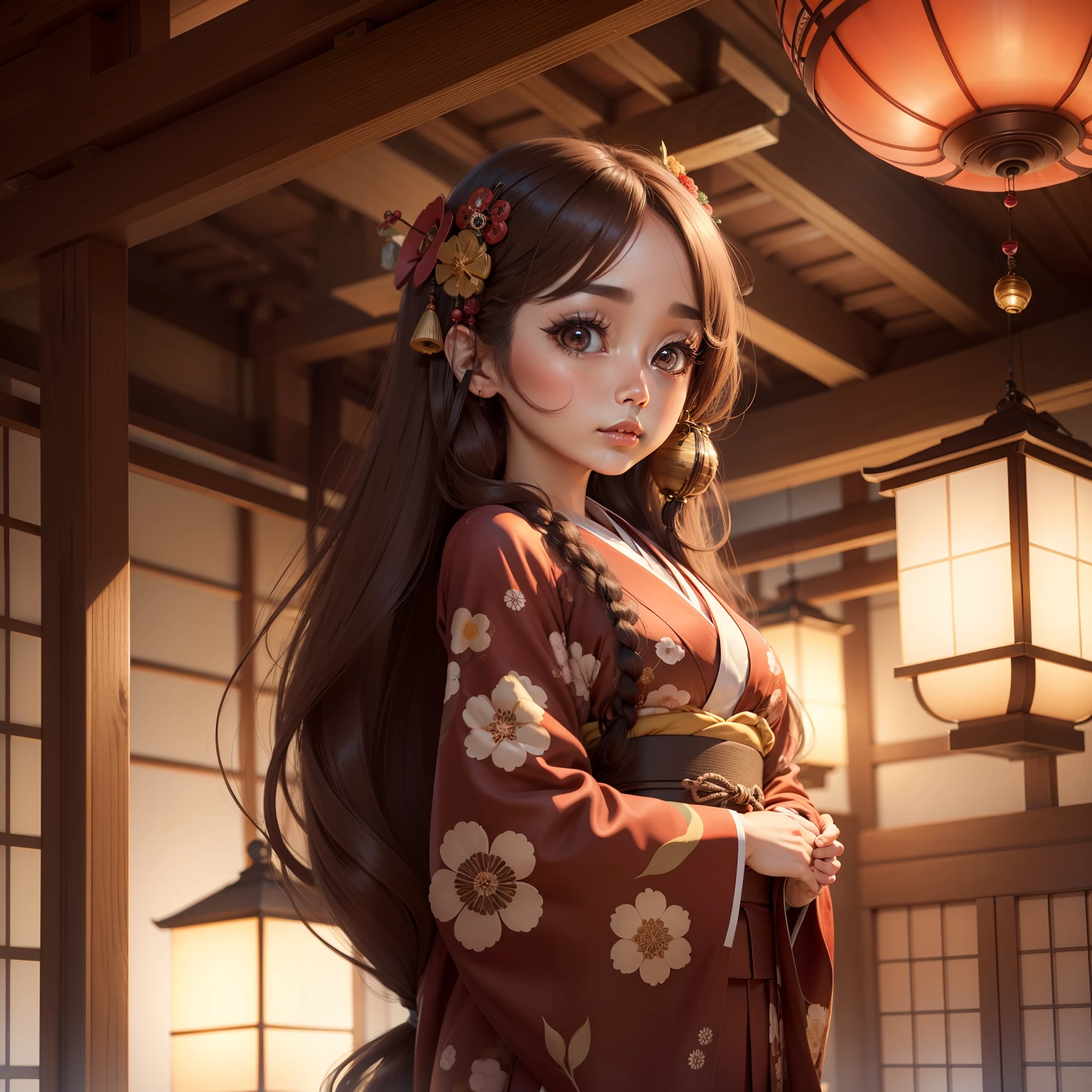 Woman with big eyes with long eyelashes with long hair in bright brown color wearing kimono in a Japan wind chimes is in a sexy pose