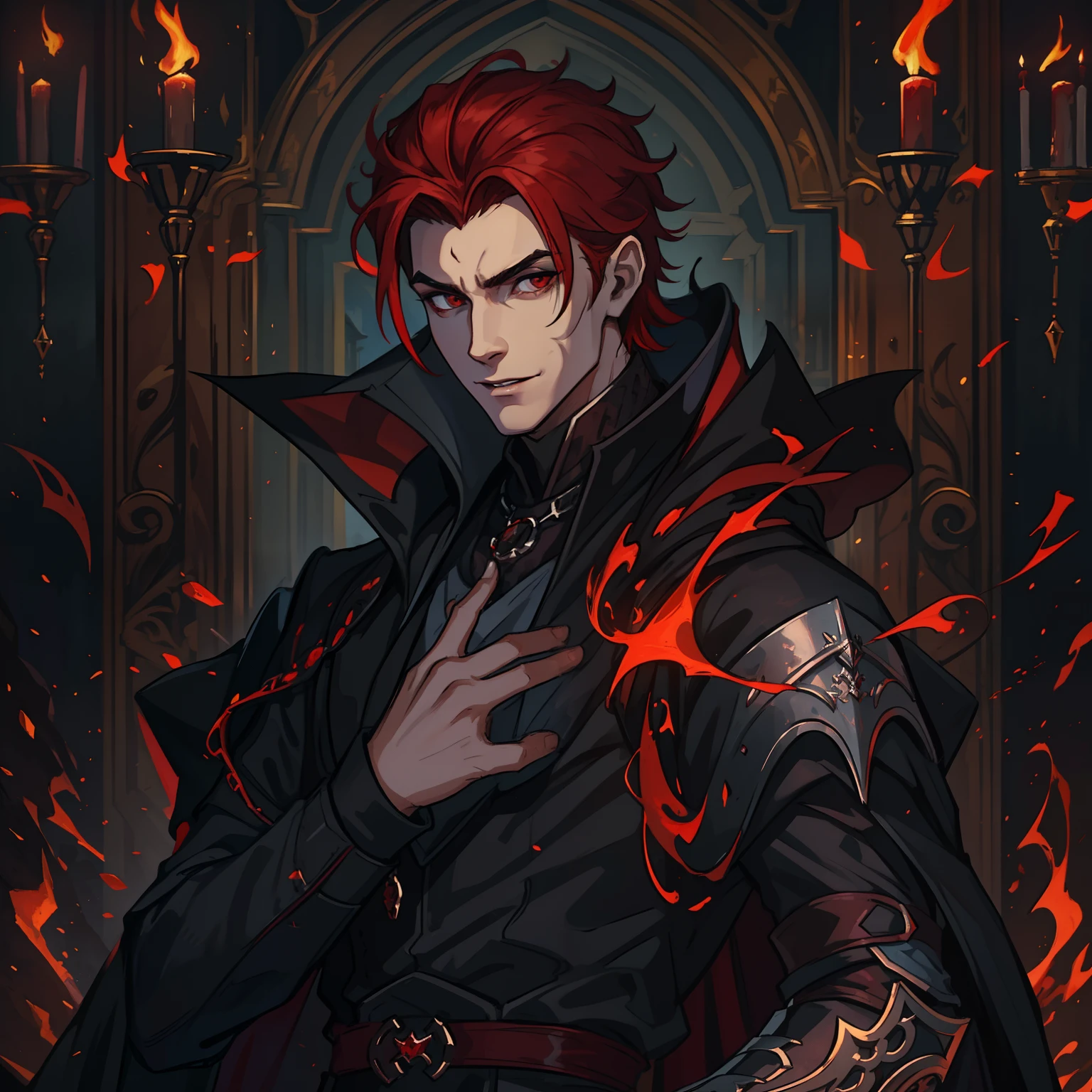 A handsome young man with short red hair and red eyes like a prince in a dark castle of black rocks dark colors he is wearing clothes of a dark and elegant prince as an attractive villain with a seductive smile and a sexy seductive look is the villain of an RPG is wearing dark medieval clothes Use dark shades The image has to portray the essence of a villain in dragon clothes the essence of fire it is inspired by volcanoes its dark essence through a medieval RPG art Conceptual Game Art rpg medieval art art illustration rpg he is young and beautiful a villain with an impressive beauty like that of a seductive vampire a villain smile with a kind look he is inside a castle in the middle of a medieval royal ball a royal ball a medieval party