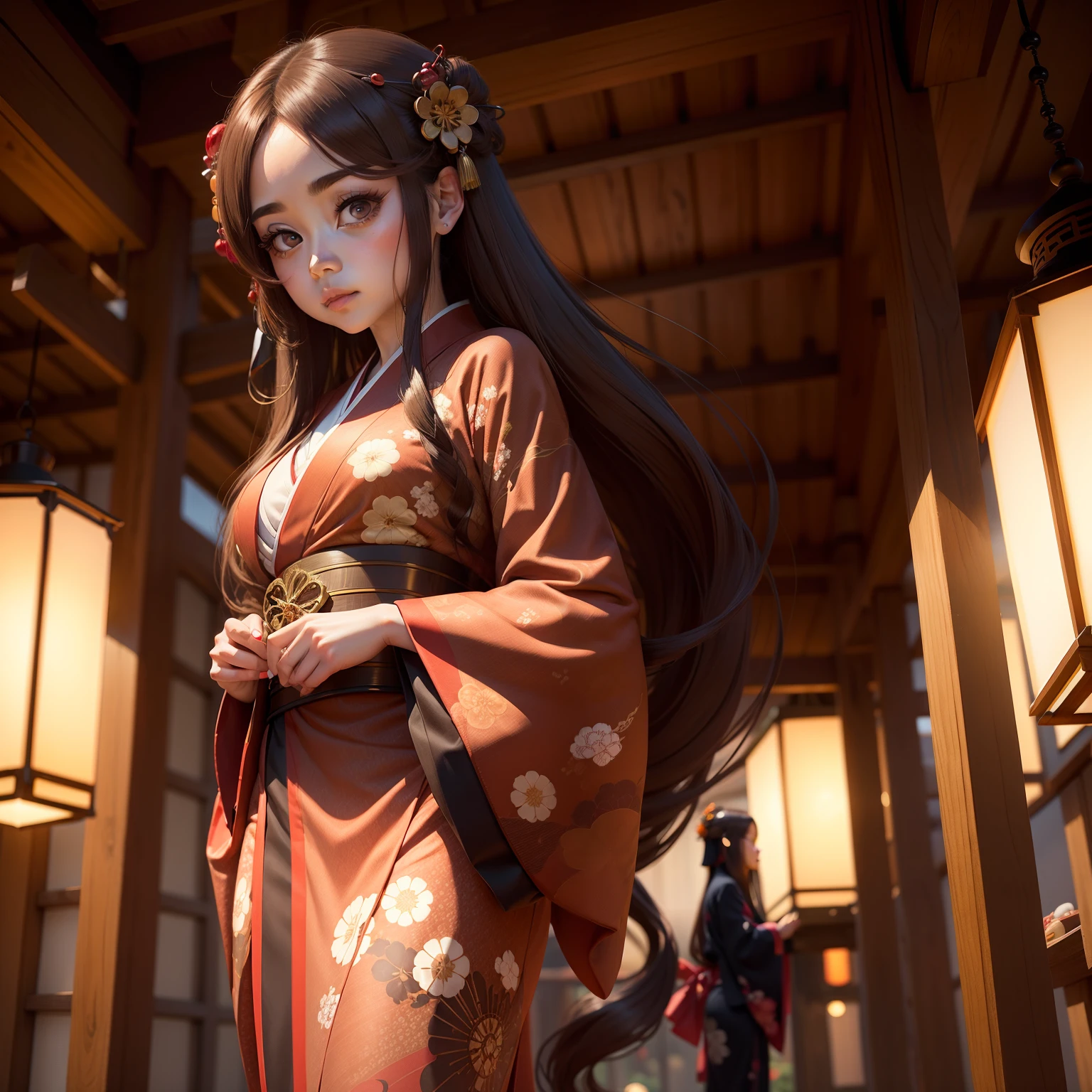 Woman with big eyes with long eyelashes with long hair in bright brown color wearing kimono in a Japan wind chimes is in a sexy pose