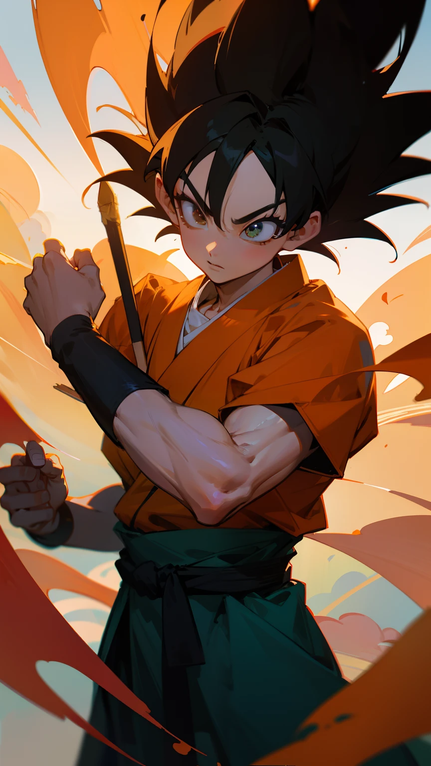 Dragon Ball character Goku、Super Saiya、Japanese anime aesthetics、Acrylic painting、heavy use of palette knives、He Jiayinggong brush stroke、Contemporary Chinese romantic painting style、Multi-layered realistic matte photos、Meticulous and vibrant character illustration、Multi-level composition、hyper-detailing、hyper-detailing、Volumetriclighting、globalillumination、Ray traching、hdr、dtm、Full-HD、32k