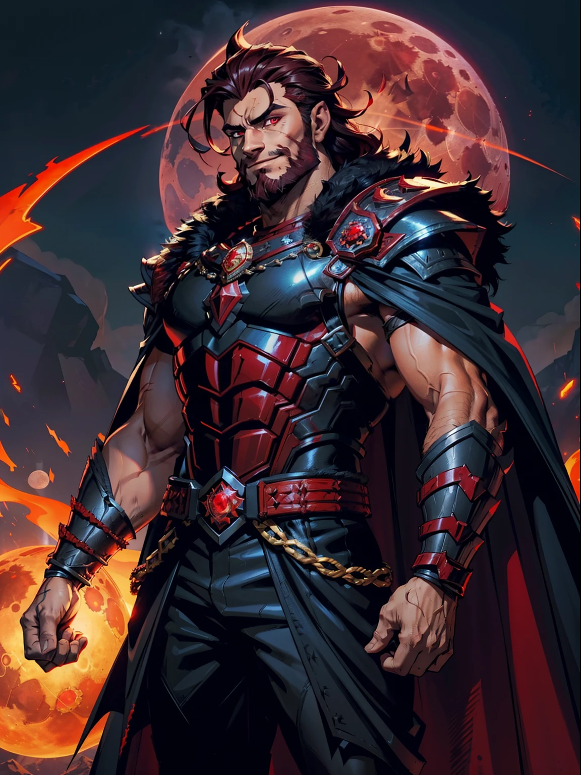 Dark night blood moon background, Hades style, game portrait. Sadurang from Marvel, hunk, buffed physics, short mane hair, mullet, defined face, detailed eyes, short beard, glowing red eyes, dark hair, wily smile, badass, dangerous. Wearing full armor with red dragon scales, cape of furs. Breath fire.