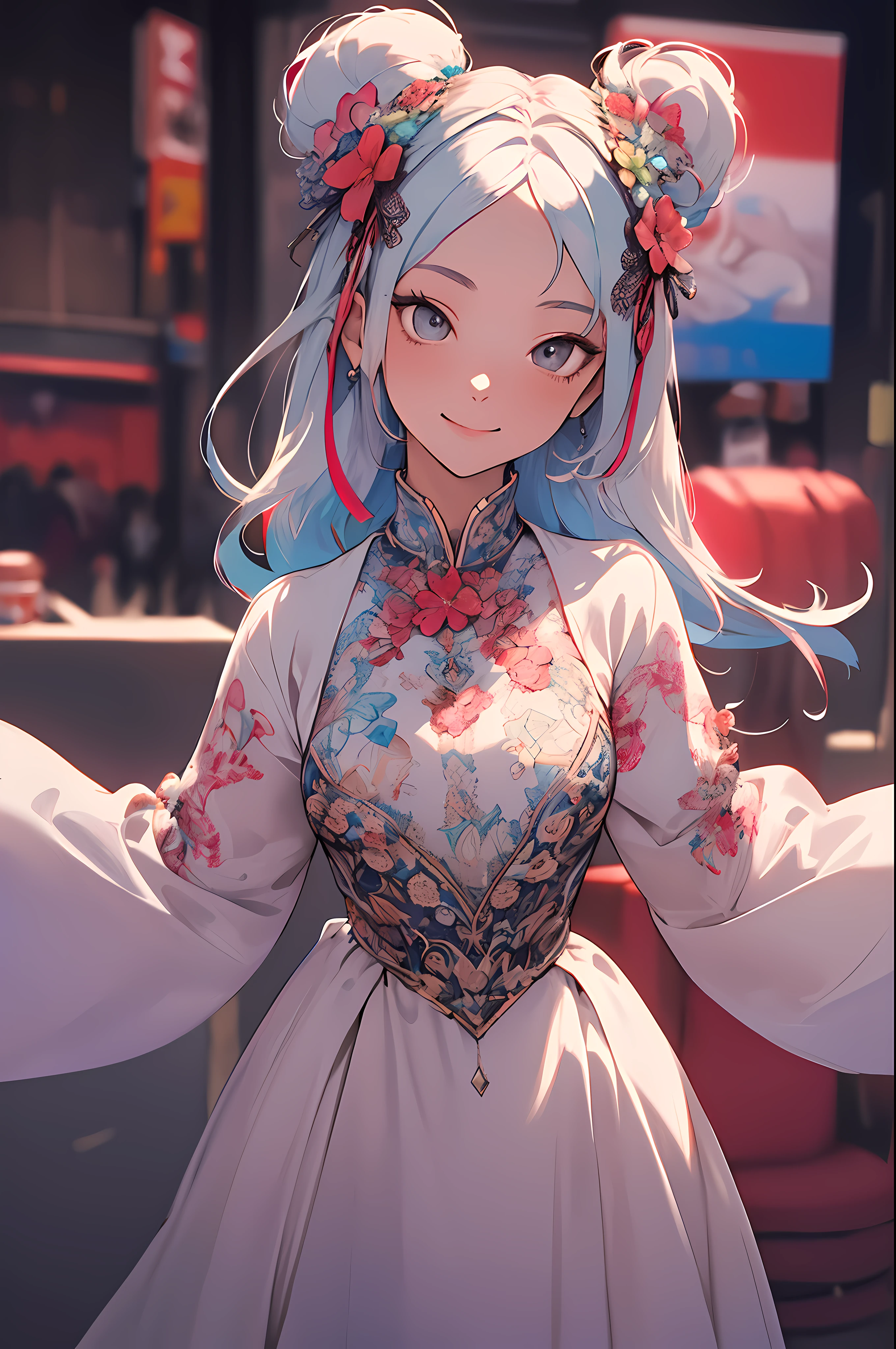 ((Dark Fantasy)),((disaster々Right)),innocent smiles、eye glass、ancient city、(1 girl in), (Solo:1.6),(Cute smile),(Clothes are simple), (Best Impact:1.5), (maximalism:1.7), Vivid contrast, (Realistic), hyperrealistic illustrations, hight resolution, ultra-detailliert, absurderes,(Fractal Art:1.3)、Random hairstyle、Random hair color colorful、FULL BODYSHOT、Retro、Precise focus、randome pose、cinema4d、Drama