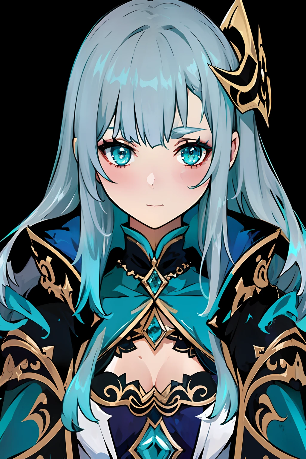 dress and jacket, fantasy outfit , arabesque, magic uniform, fantasy style clothing, dress and cloak, cloak, turqouise clothes, dark teal clothes, 1girl, masterpiece, GenshinAvatar, unique hairstyle, long hair, silver hair, looking at viewer, adult, germany, black backgroundm simple_background,