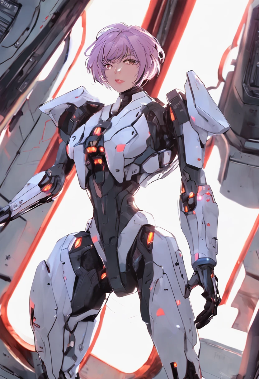 Evangelion movie (masterpiece), (realistic), portrait of young woman , floppy hair, lavender hair, 18 year old, rei ayanami, Japanese woman, young woman , detailed skin, female focus, solo, realistic, short hair, (futuristic armor:1.4), (sexy:1.5) mecha suit, messy hair, (exposed thighs, exposed arms, exposed skin: 1.2), perfect teeth, serious look, sharp eyes, inside futuristic cockpit, light hazel eyes, sci fi plugsuit, thumbs up, phone camera, selfie, pose, white over black suit, dim lighting, blue screen reflection, evangelion cockpit, high tech, sci fi, sci fi Tokyo, cyberpunk