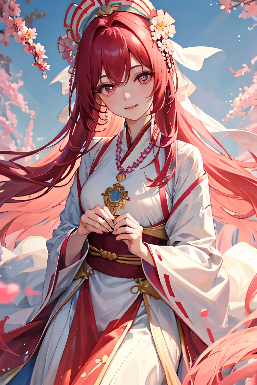 reddish hair，Blue pink gradient Hanfu，The upper part of the body，Light pink pearl necklace，Pink eyes，There is light in the eyes，A gentle breeze blows hair，Smiling slightly，Fair skin，Behind him is a sea of flowers，highest details，s the perfect face，8 look，Exquisitehands，Loose hair，Gentle and noble，staring towards the viewer，highlight and shadow，Lots of details，Clean and pure，redish pink lips，Thin hands，Illuminated by the setting sun，charming woman，Dressed in a flowing manner、Silky traditional oriental dress，Beautiful pearl headdress