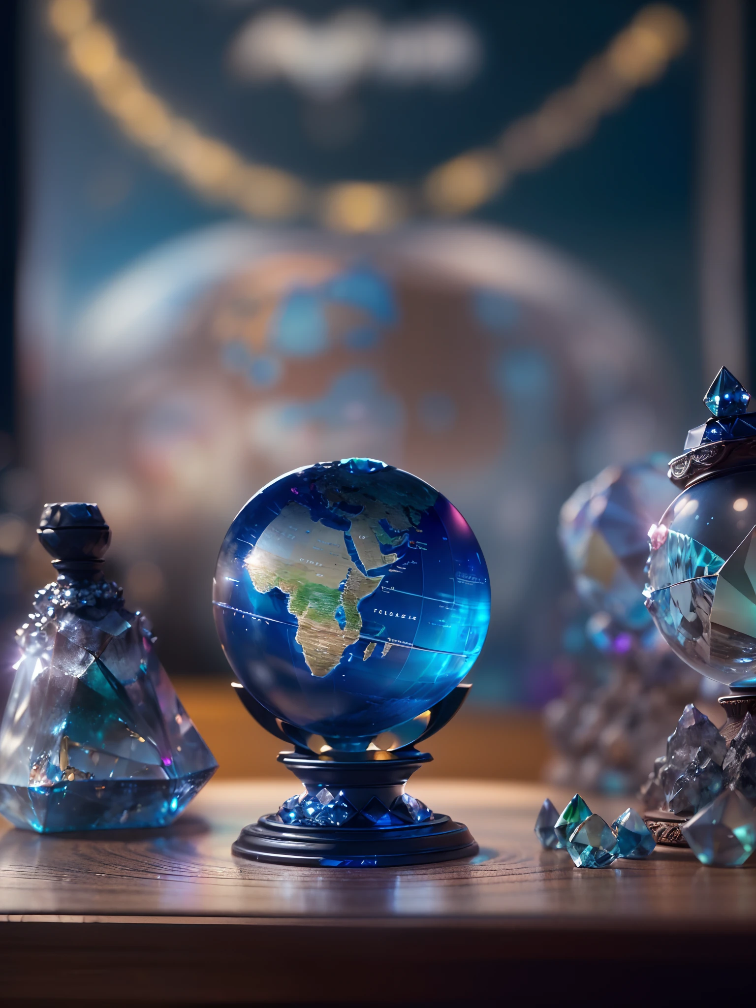 Hyper-realistic、16K High Resolution、(Maximum Sharp Focus:1.3)、(Maximum Close-up:1.5)、(Single crystal ball with pedestal on table:1.5)、(Large bokeh background、blue back light:1.3) 、(Only one crystal glove、hight clarity、world map :1.5)