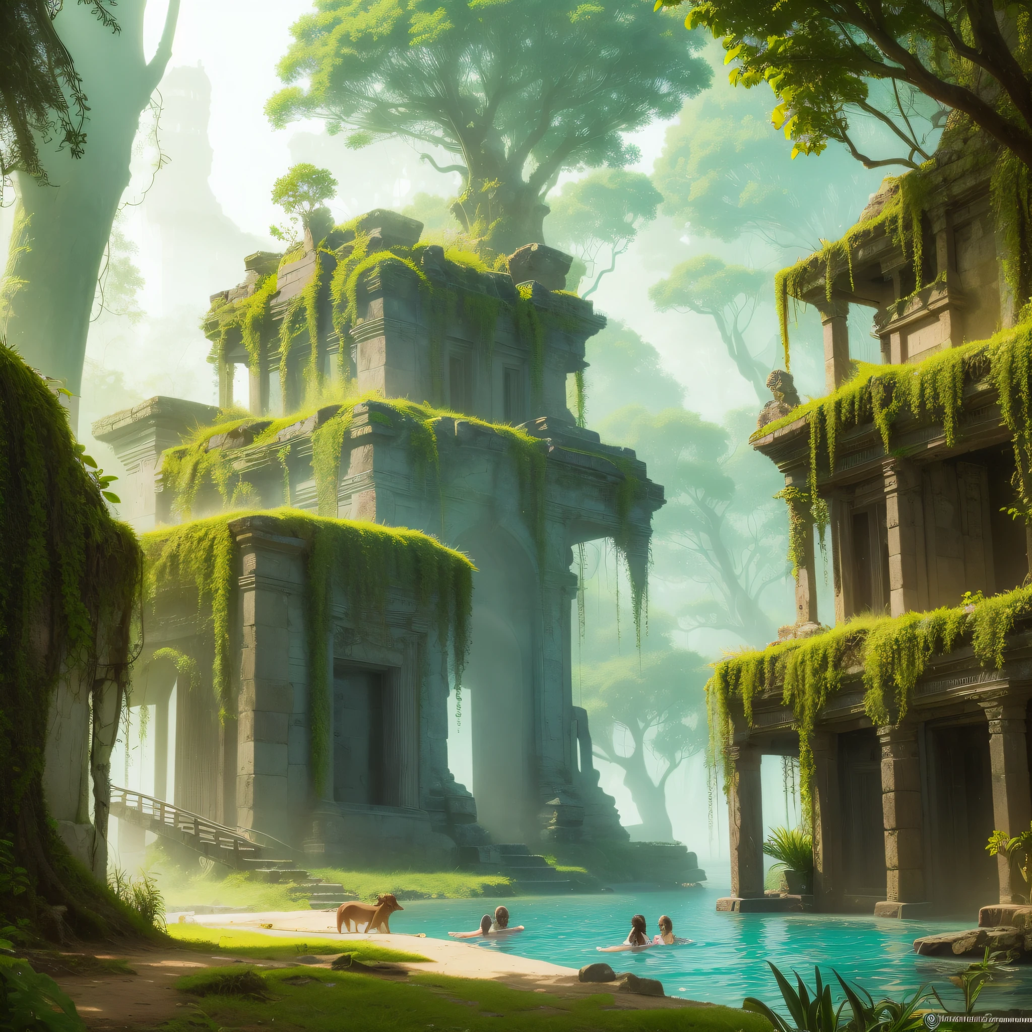 There is a big house in the jungle infront of water and morning time and children playing