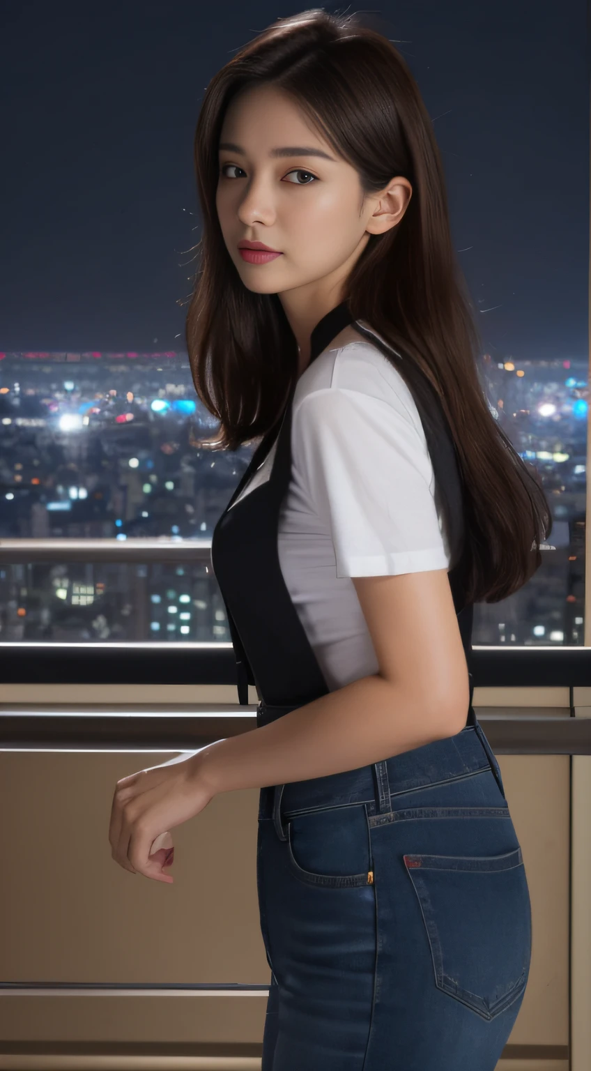 ((Midnight, Best quality, 8k, Masterpiece :1.3)), Whole body, Long legs, Sharp focus :1.2, A pretty woman with perfect figure :1.4, Slender abs :1.1, ((Dark brown hair, Big breasts :1.2)), (White tight tshirt, Jean bib, Standing:1.2), ((Night city view, Rooftop:1.3)), Highly detailed face and skin texture, Detailed eyes, Double eyelid