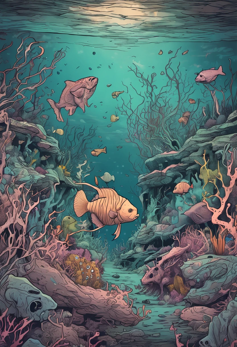 epic realistic, ((((pastel colour)))), Eschatological, Abandoned, ocean floor,abyssal,Nuclear contamination,jpn,disuse,Mutant fish,Radioactive material,entangle,heavy metal,depth of fields,high detal