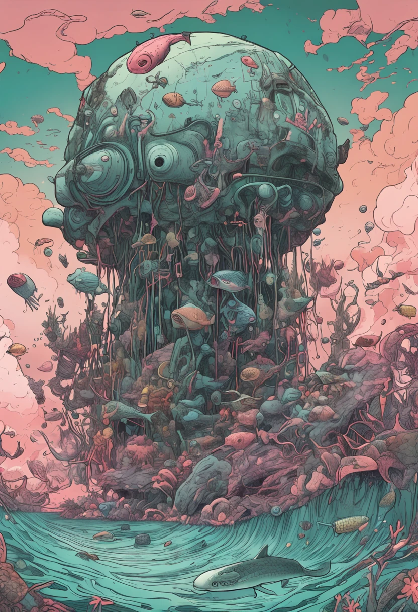 epic realistic, ((((pastel colour)))), Eschatological, Abandoned, ocean floor,abyssal,Nuclear contamination,jpn,disuse,Mutant fish,Radioactive material,entangle,heavy metal,depth of fields,high detal