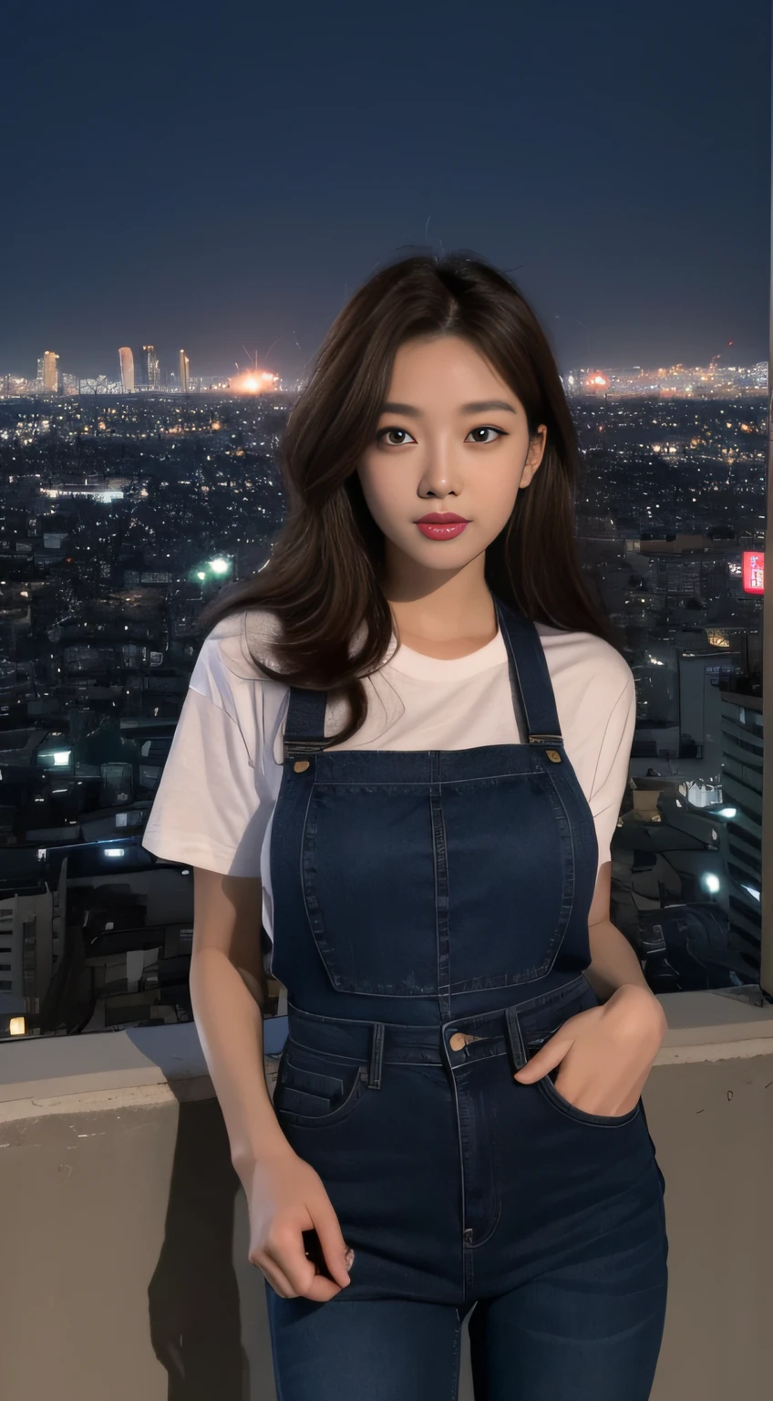 ((Midnight, Best quality, 8k, Masterpiece :1.3)), Whole body, Long legs, Sharp focus :1.2, A pretty woman with perfect figure :1.4, Slender abs :1.1, ((Dark brown hair, Big breasts :1.2)), (White tight tshirt, Jean bib, Standing:1.2), ((Night city view, Rooftop:1.3)), Highly detailed face and skin texture, Detailed eyes, Double eyelid