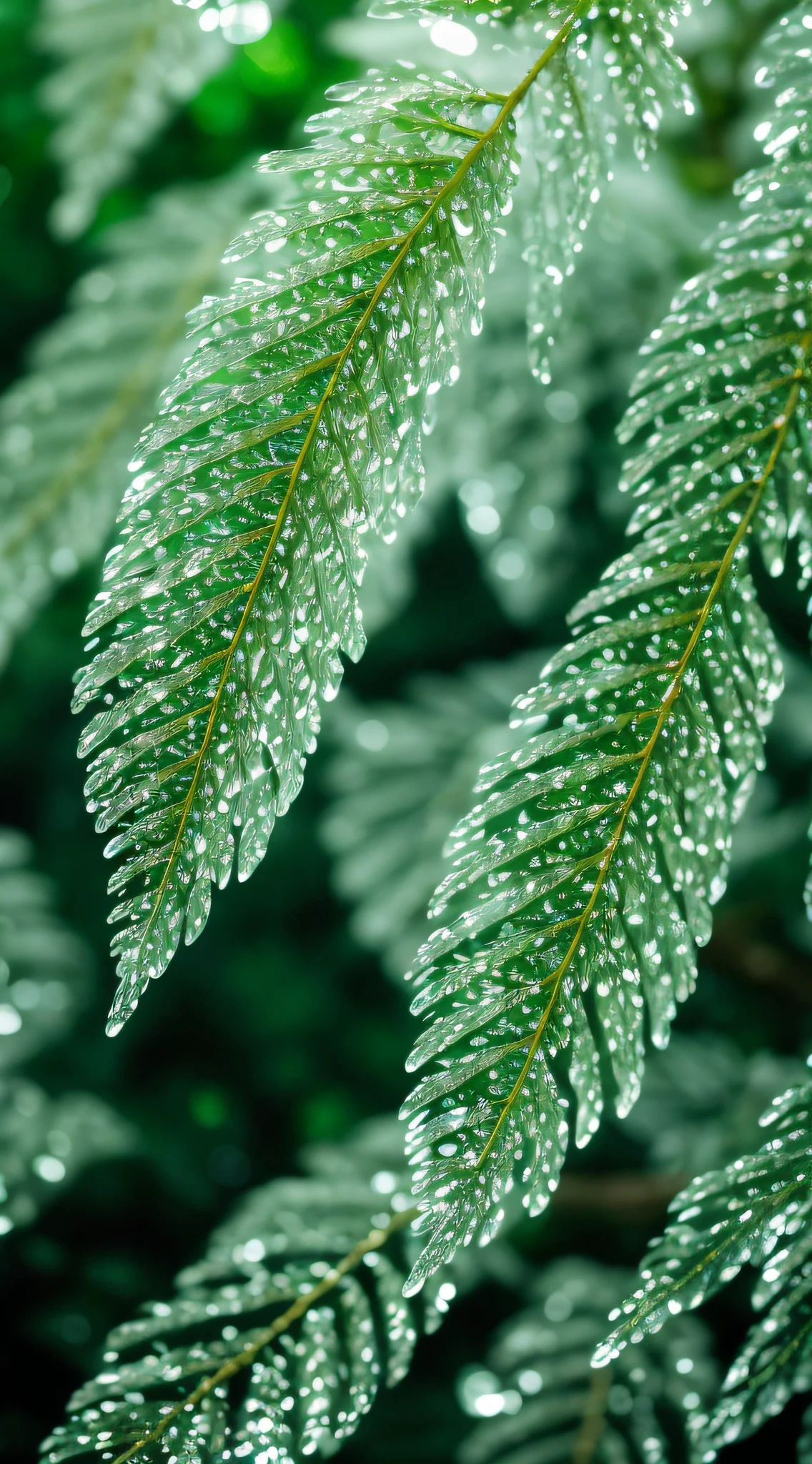 Crystal spring cedar leaves，A white gradient of green fluorescence，water dripping，dream magical，galaxias，cleanness，，water dripping，Light green leaves，glittery，glittery，luster，Eau，colorful，， Magical photography of light green leaves，dramatic  lighting，Foto realism，hyper-detailing，4k，depth of fields，A high resolution