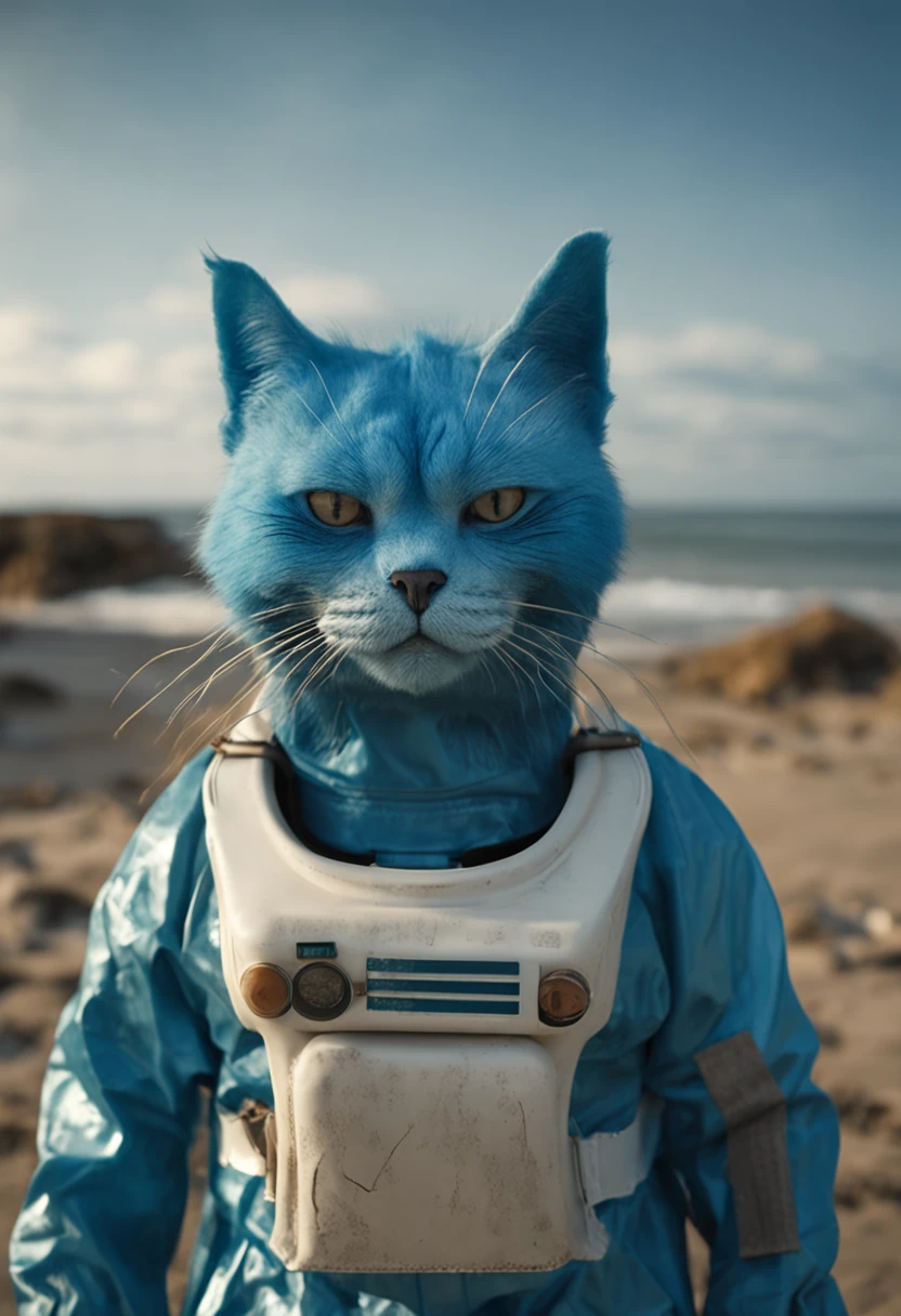 A blue cat wearing a radiation protection suit stands on a contaminated beach，And sighed，expression sad