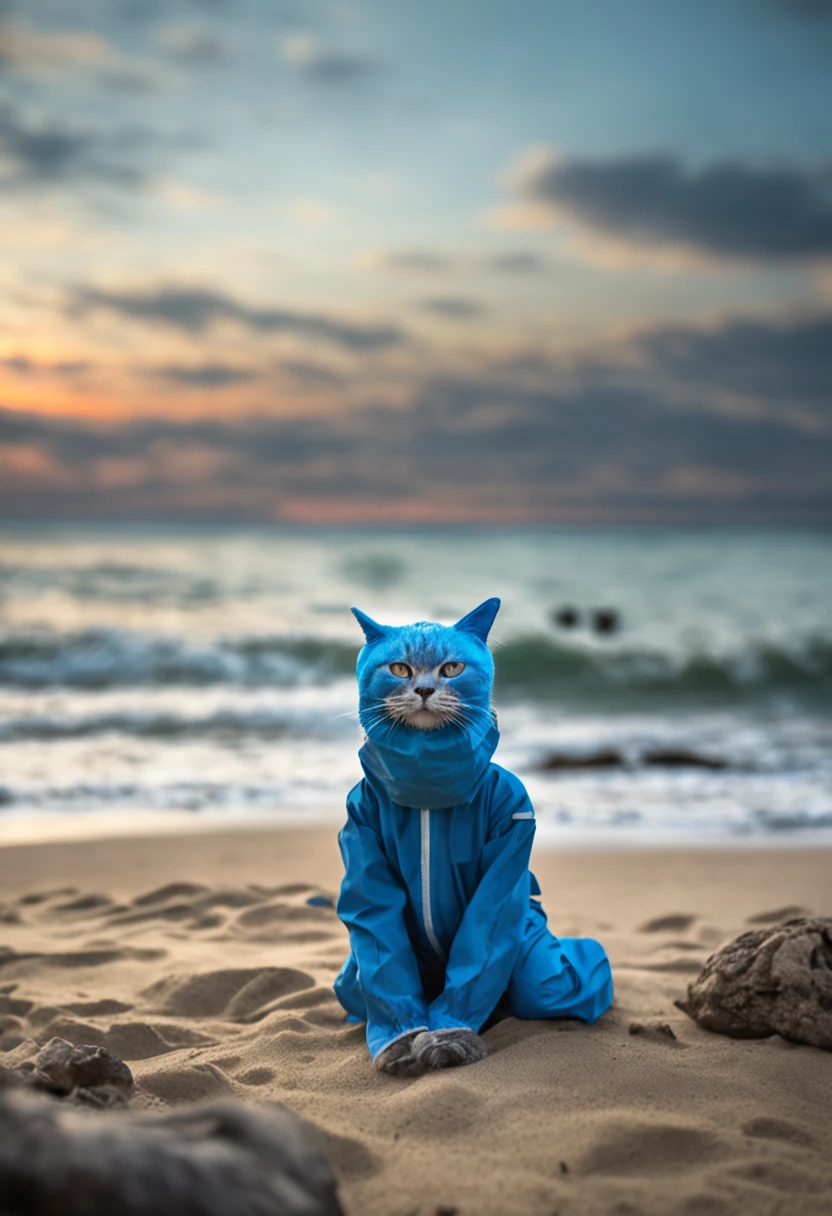A blue cat wearing a radiation protection suit stands on a contaminated beach,And sighed,expression sad