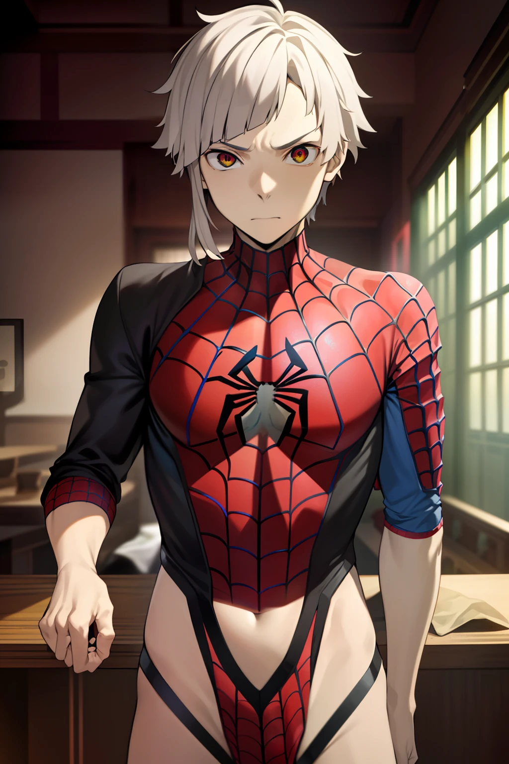 (masterpiece, top-quality, hightquality), 1 juvenile, 独奏, Male Focus, Look at viewers, The upper part of the body, Nakashima_Atsushi, white hair, ((spider-man))