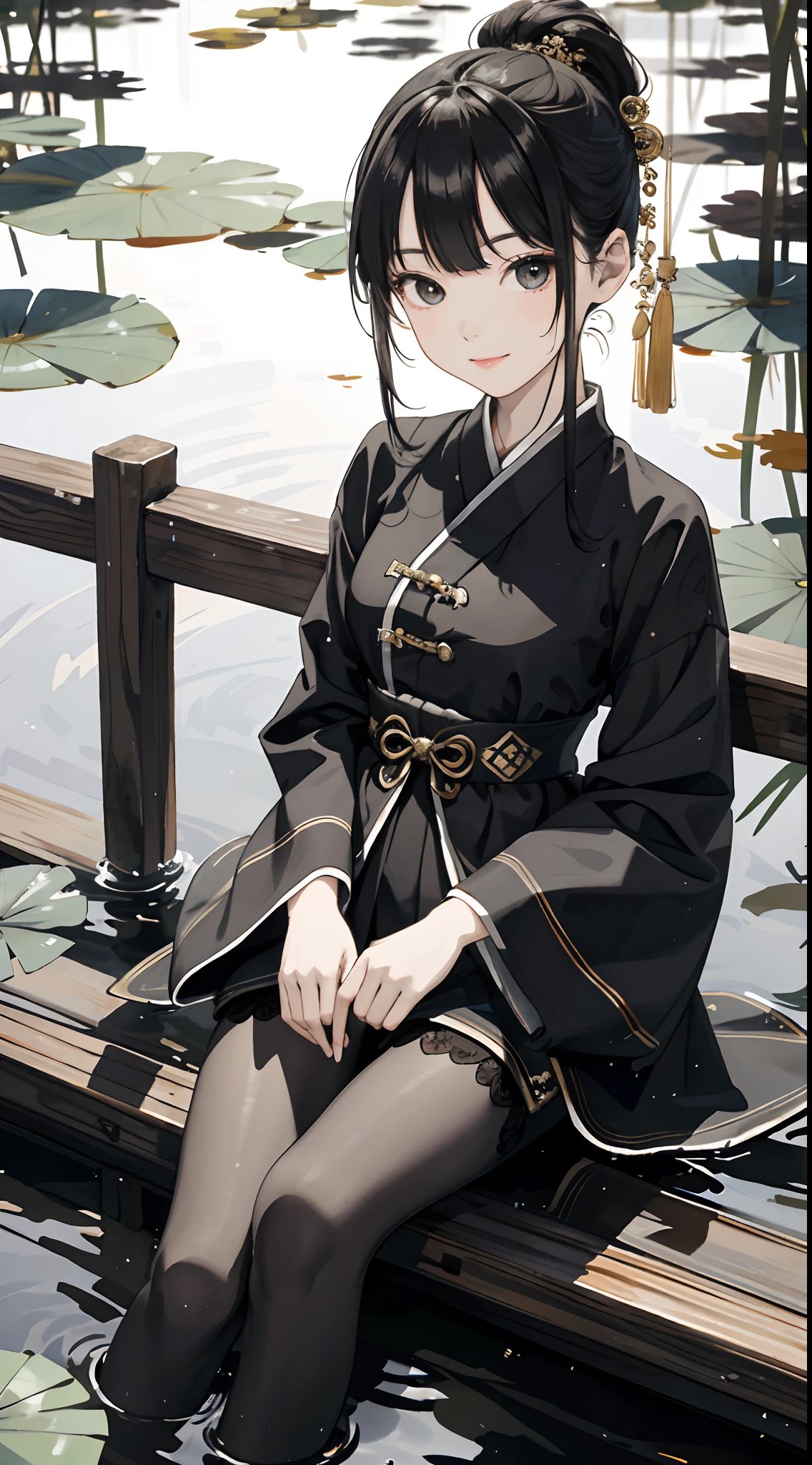 hoang lap,8K high resolution,ultra - detailed,(1girll:1.3),handpainted,Simple lines,-yeld giwearing black Chinese clothing,beuaty girl,In the lotus pond,tmasterpiece,Sit on a plank floating in the water,Floating hair,black pantyhoses,black pantyhoses,looking toward the viewer,ssmile,posed for photo,