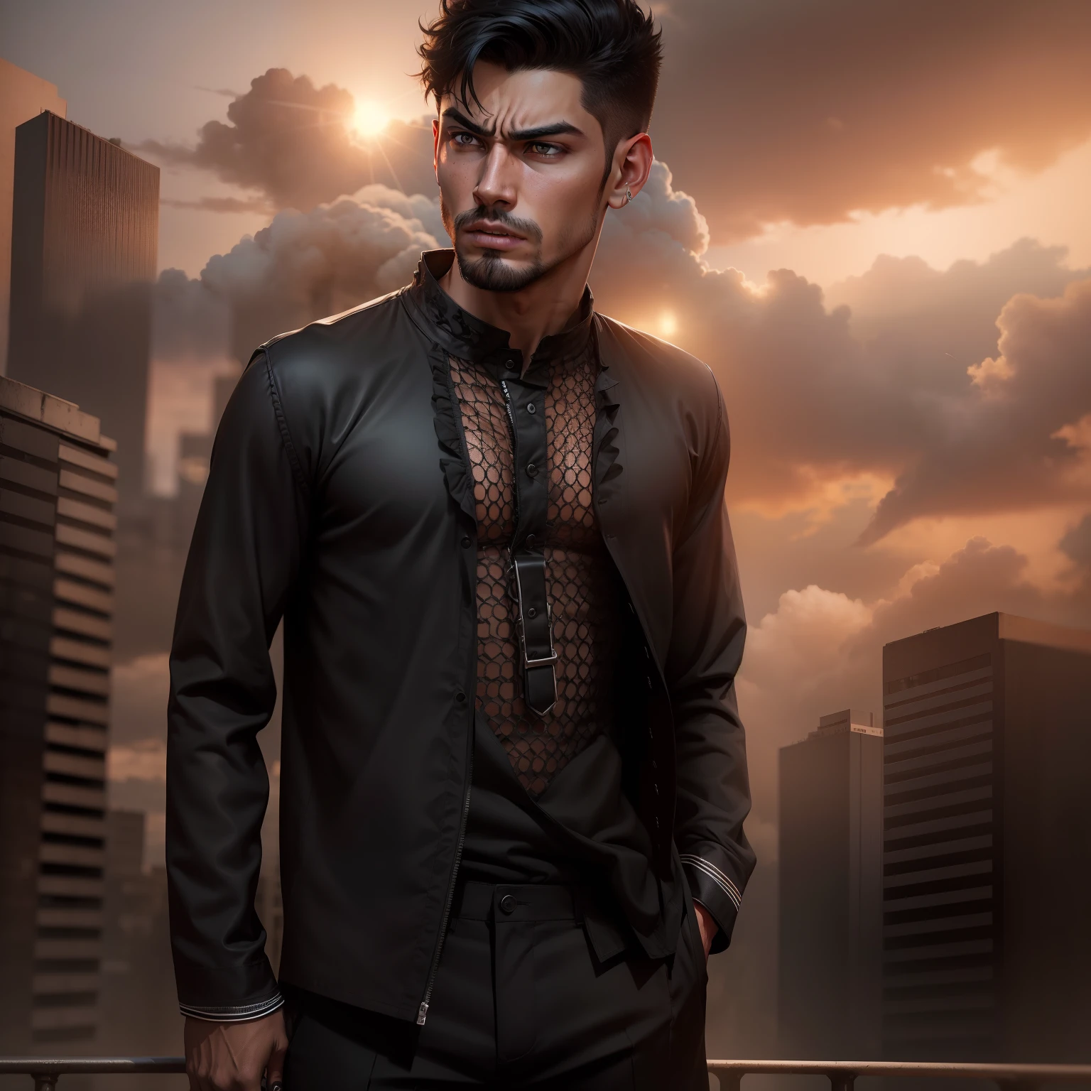 Attitude, handsome, Boy, black Shirt,black pant, angry, war city background