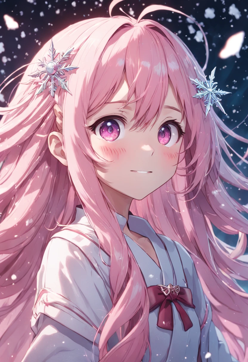 longeyelashes, light smile, ear blush, streaked hair, very long hair, pink hair, snowflake hair ornament, gradient eyes, grin, stereogram, high detail, anime, hatching (texture), 8k, super detail, ccurate, UHD