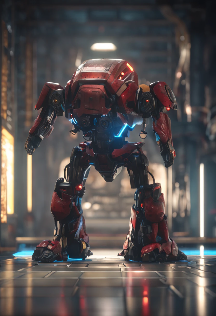 a close up of a robot with red eyes standing on a tiled floor, 3 d octane render conceptart, 3 d render octane, 3d render octane, greg rutkowski octane render, rendered in octane, rendered in octane 3d, daniel maidman octane rendering, unreal octane render, winston from overwatch, rendered on octane, rendered with octane