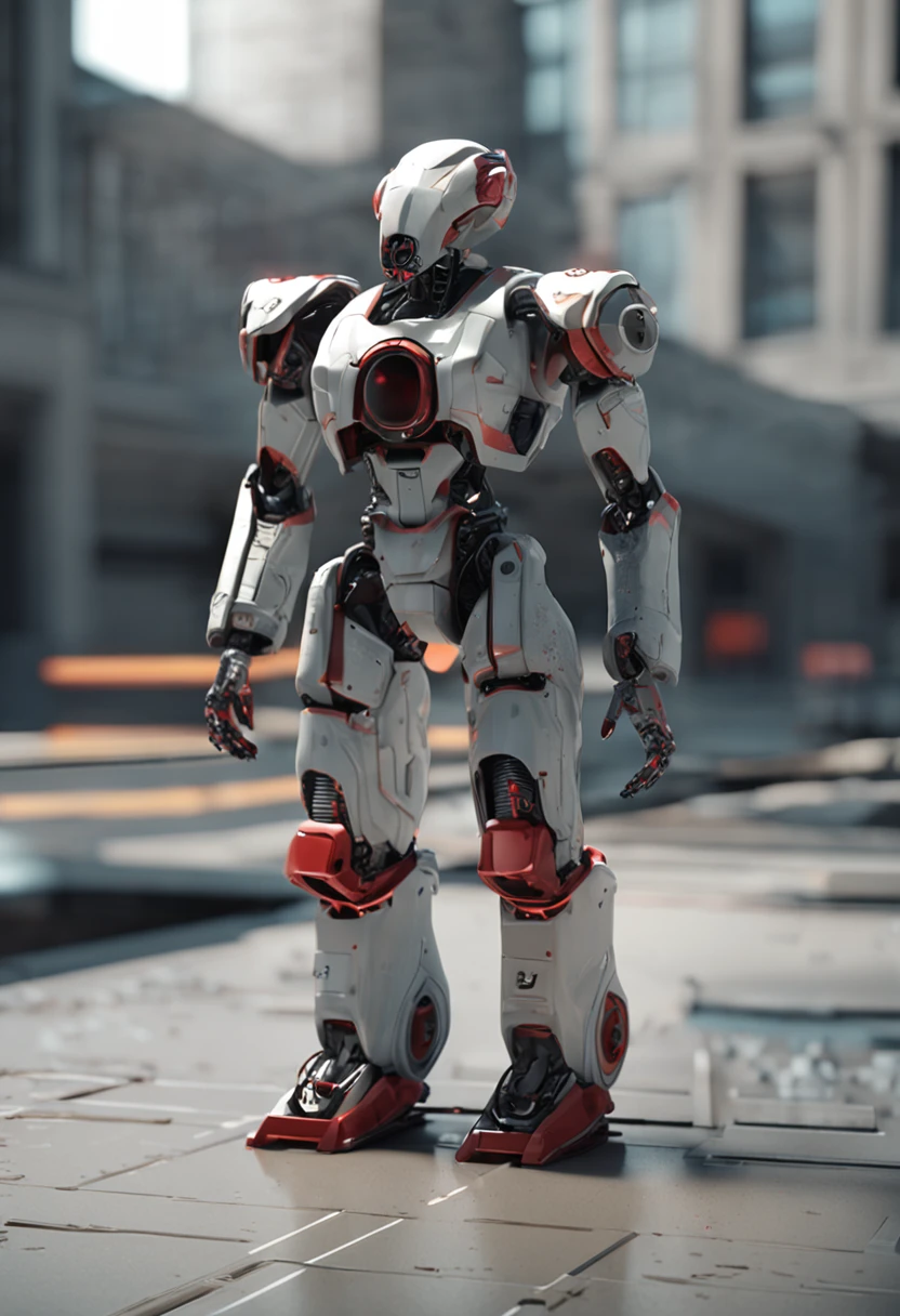 a close up of a robot with red eyes standing on a tiled floor, 3 d octane render conceptart, 3 d render octane, 3d render octane, greg rutkowski octane render, rendered in octane, rendered in octane 3d, daniel maidman octane rendering, unreal octane render, winston from overwatch, rendered on octane, rendered with octane
