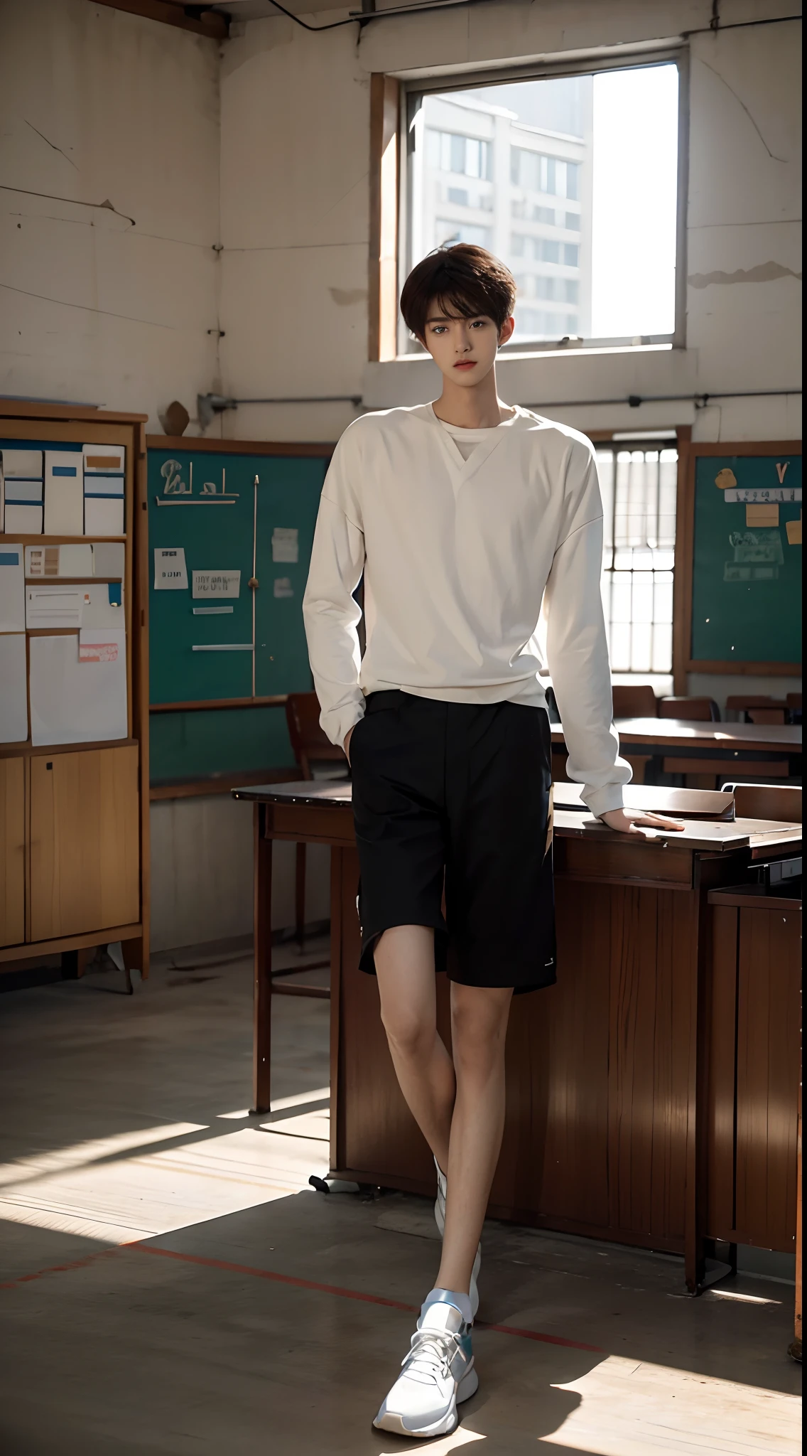 （A 15-year-old junior high school boy stands in a classroom：2），（malefocus），Height 200 cm，Slender legs，der riese，Tall guy，Tall，broad shoulder，Shota，Round face and pointed chin，（The face of the animated male protagonist），White top，Messy bangs，Eyes widen，orthofacial，athletic sneakers。and the sun was shining brightly，‎Classroom，ultra-realistic realism, (Photorealistic detail), Incredible accuracy, lifelike textures, masterful technique, Jaw-dropping precision, artistic dedication，（anatomy correct），Good lighting，exquisite detailing，Best quality，stunning masterpiece，CG，（Colored screen）