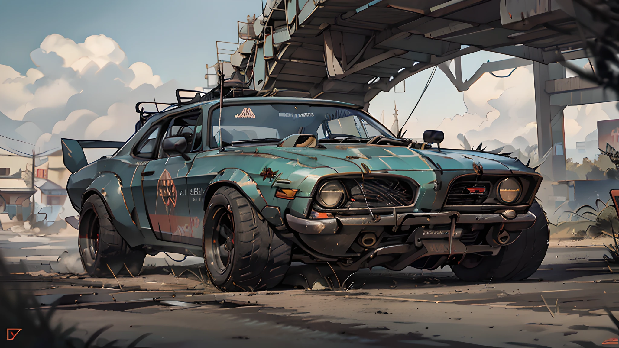 Create a cinematic, filmic image 4k, 8k with [George Miller's Mad Max style]. The image should be captured in a [wide-angle view] and depict [single] a [post-apocalyptic]  V8 [muscle car]. The car's paint is a [black] covered in a spots of [rust] and thin layer of smooth [dust] and [dirt], making it appear [rugged] and [gritty] but with visible [black color]
The car's body should be [sleek] and [aerodynamic], giving it a [low] and [aggressive] stance that conveys [power] and [speed]. The front of the car should feature a [distinctive] front nose cone with [rectangular lights] that adds to its [intimidating] appearance. The car's wheels should be [large] and [sturdy], with [thick] tires that can handle the [rough] terrain of the [post-apocalyptic] wasteland. The rims should be made of [durable] metal with a [unique design] that showcases the car's [individuality].
In addition, the car should have [eight exhaust side pipes]. The car should also feature a Weiand 6-71 [supercharger] mounted on the hood, protruding through the bonnet.
Car should be designed to look both [powerful] and [functional], built to withstand the [harsh] conditions of the [post-apocalyptic] wasteland.
The image should be [ultra-realistic], with [high-resolution] captured in [natural light]. The lighting should create [soft shadows] and showcase the [raw] and [vibrant colors] of the car. The image should be a highly-detailed photography set in a [post-nuclear], [fallout] like setting, conveying a sense of [danger] and [grittiness]. The final image should be a [masterpiece], with a [realistic portrayal] of the Interceptor that is both [intimidating] and [awe-inspiring]. Background should contain [empty desert highway], image takes place before the storm, with the [hot summer sun] still shining brightly in the sky, but in the distance, the sky is a [dark and foreboding shade of blue], hinting at an impending storm