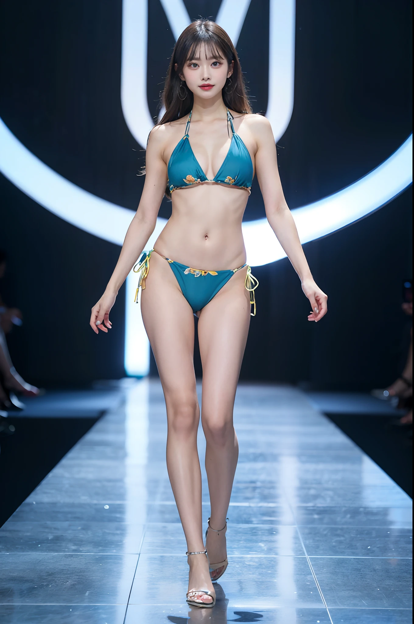 Alafe model in bikini and high-waisted panties walks down the runway, wearing two - piece swimsuit,Japan person model,(((beautiful countenance))),(((big eye))),(((Beautiful eyes))),(((long lashes))), beautiful fashion model body, runway photo, model with attractive body, elegant bikini, attire: bikini of, dressed in belts bikini, gorgeous bikini model, inspired by Liu Haisu, photo of slim girl model, Glamorous runway models, jia, bikini model