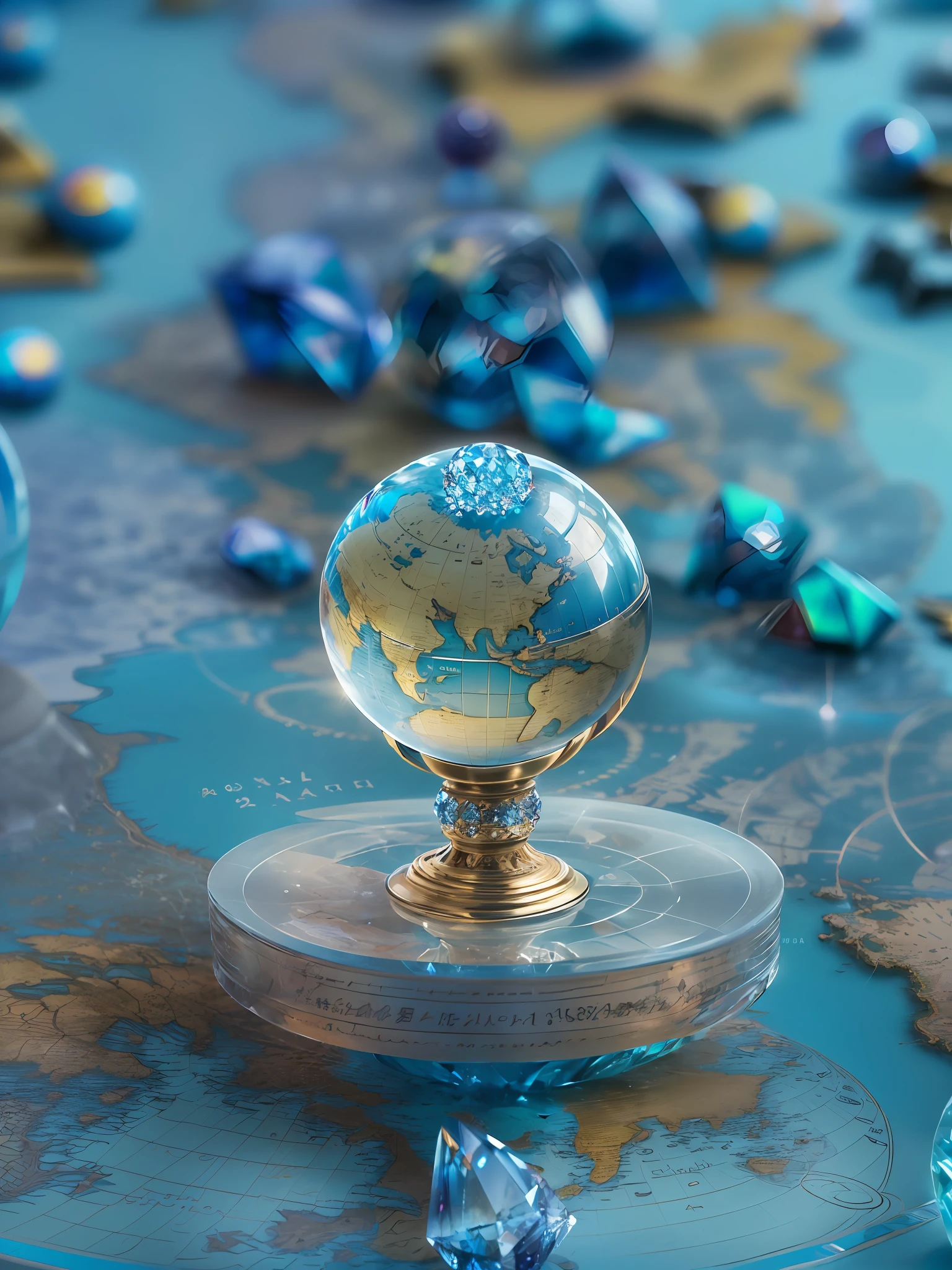Hyper-realistic、16K High Resolution、(Maximum Sharp Focus:1.3)、(Maximum Close-up:1.5)、(Single crystal ball with pedestal on table:1.5)、(Large bokeh background、blue back light:1.3) 、(only one Crystal Globe、world map :1.5)