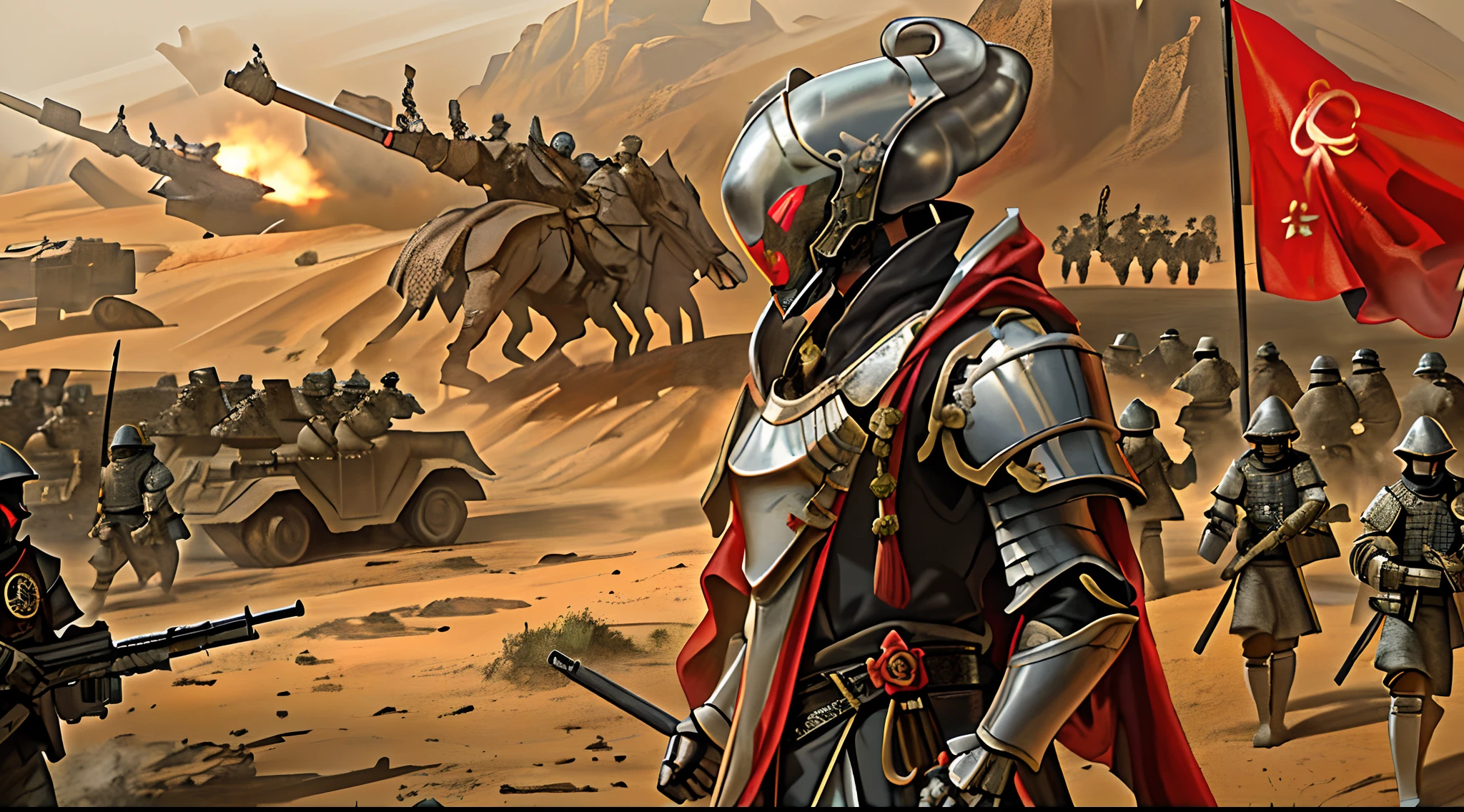 Future Battlefield, Alien Civilization War, Gunsmoke fills, A red flag was planted on a small mound, Soldiers in Chinese armor, full armour, The background is the army of the SA, The picture is stunning, Magnificent, Magnificent, in the style of futuristic, Ultra-wide angle, Masterpiece, ccurate, Anatomically correct, Super detail, Award-Awarded