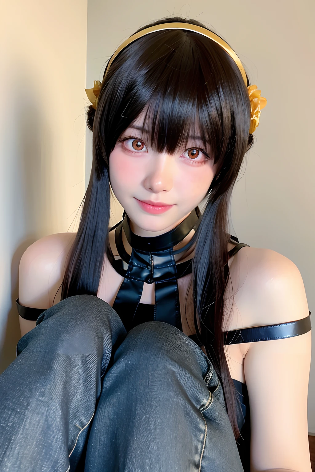 Top quality, masterpiece, ultra high resolution, (realistic, : 1.4), original photo, (true skin texture: 1.3), (film grain: 1.3), panorama, portrait, very wide lens, narrow waist, denim lens, (bangs, inconspicuous, cold light,) night, close-up, tears, short hair, neck long, ears out, bangs, big eyes, brightly colored eyes, in the house, dust, Tindall effect, (facial expression), sitting, (hitting a wall), crying, frowning, (looking down), nervousness, tears, smiling happily one girl, eyes and face with beautiful details, white jabot, pink dark V, brown eyes,