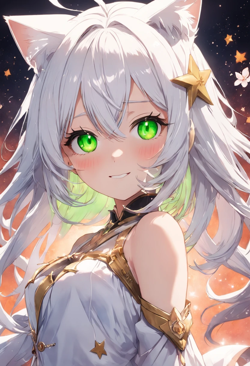 White hair, flowers in head, Green eyes, Star Eyes, Cat ears, smile, Anime style, hyper HD, retinas, ccurate, Masterpiece, Anatomically correct, Textured skin, Super detail, High details, Award-Awarded, High quality, A high resolution, Best quality, 16k