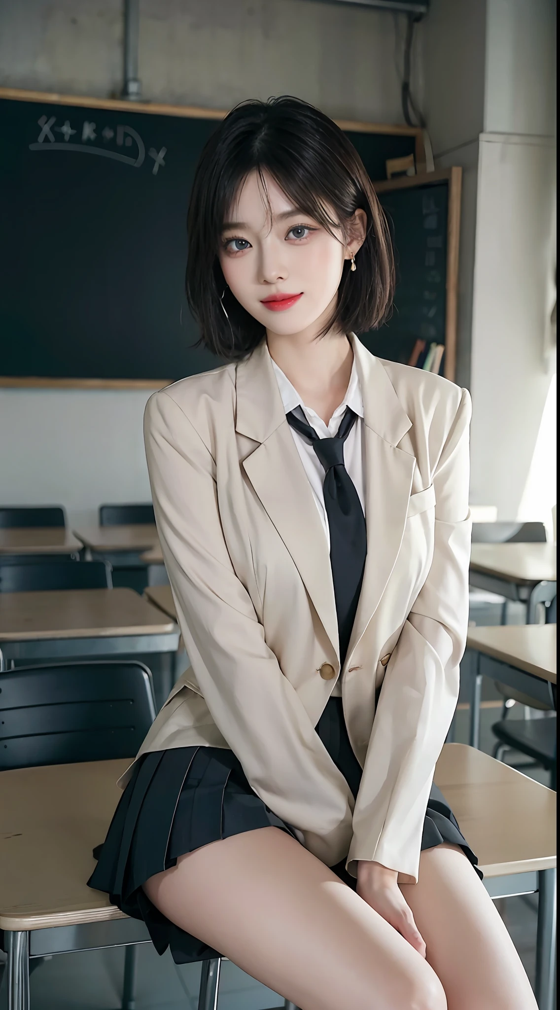 absurdres, RAW photo, extremely delicate and beautiful, masterpiece, Best Quality, ultra high resolution, 16k, hyperrealistic, ultra-detailed, perfect anatomy, super Detailed skin, perfect figure, Very detailed CG 8k wallpaper, in her 20s, very Slim body, narrow waist, very small head, very small face, delicate facial features, tearful mole, earring, thin legs, (very huge round breasts), (full body shot), bare legs, short hair, wavy hair, light brown hair, 1 girls, wet, ((school uniform)), blazer, skirt,