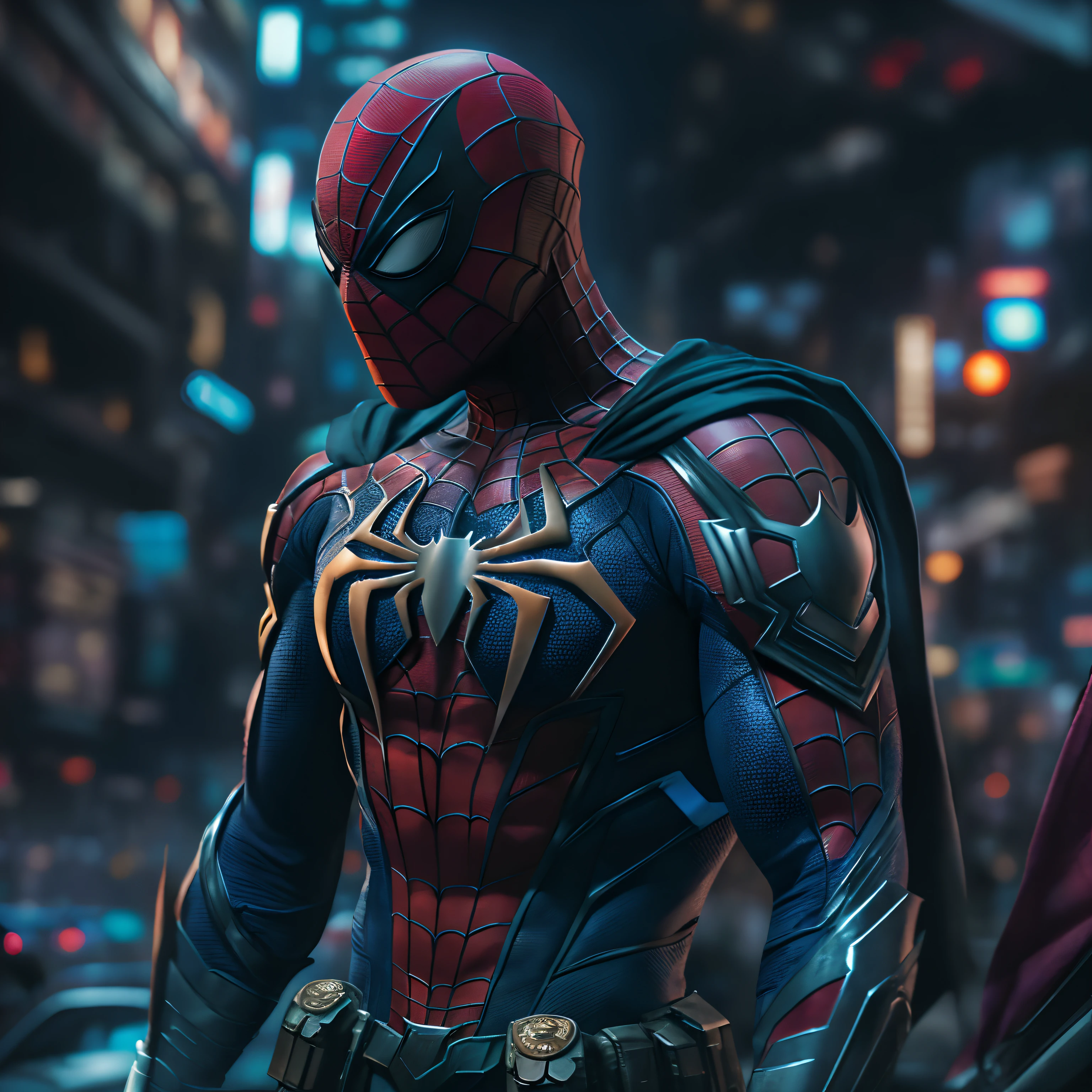 Spiderman and batman combined, (top-quality、8K、32K、​masterpiece、)、(The ultra -The high-definition)、(Photorealsitic:1.4)、Raw photography,Perfect eyes,Charming perfect figure,actionpose:1.2,Detailed cyberpunk fashion、World of Cyberpunk,depth of fields,blurry backround,、