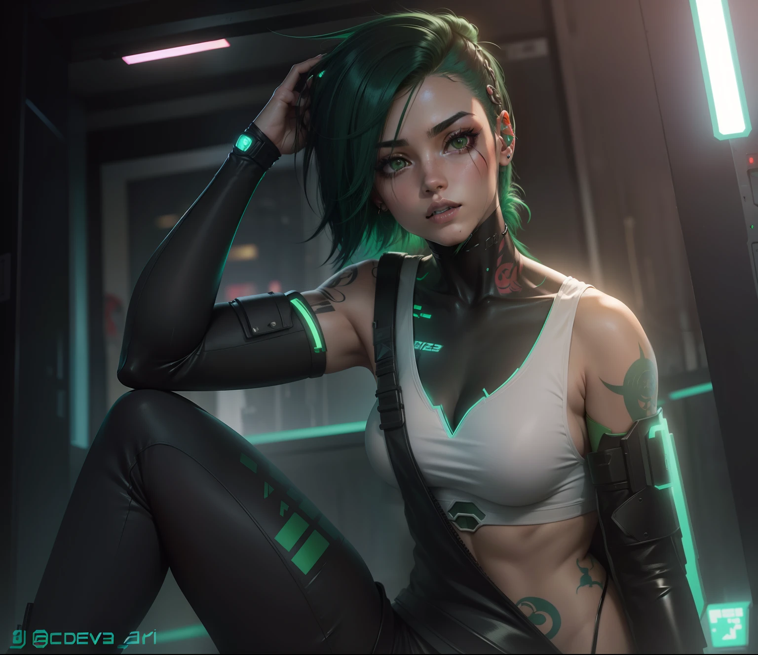 anime girl, judy alvarez, cyberpunk, melhor qualidade, beutiful, perfect, mixed hair green with red, tattoos, best quality, obra de arte