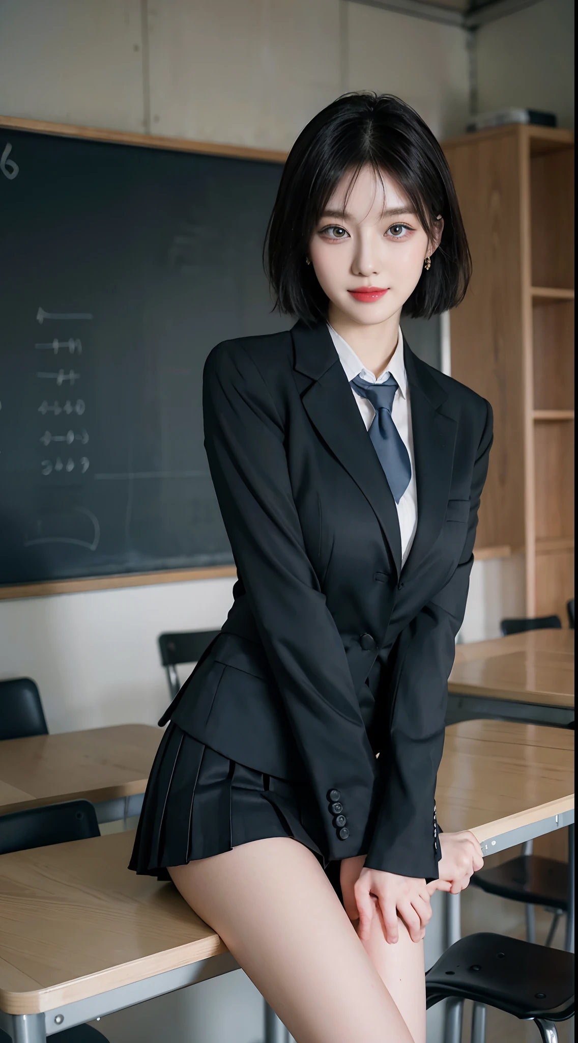 8K RAW photos, high resolution, 21 year old cool Korean, big round breasts, school uniform, tie, tie ribbon, blazer, skirt, beautiful eyes in detail, long eyelashes, beautiful double eyelids, eye shadow, slit eyes, sanpaku eyes, dark eye makeup, evil smile, beautiful thin legs, short hair tied at the back, earrings, school staff room