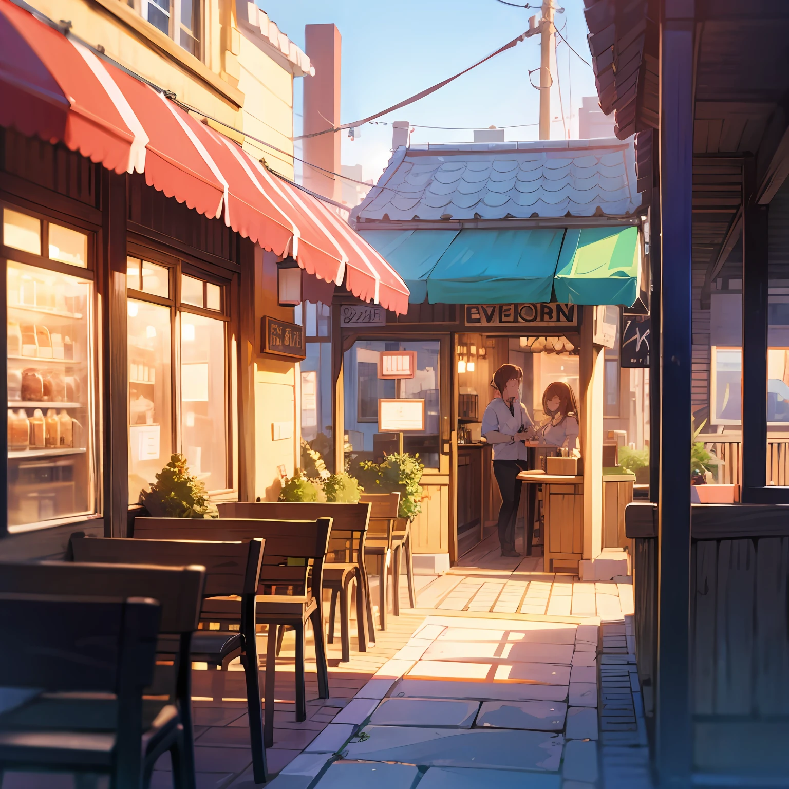 "Immerse yourself in a charming café scene where vibrant colors feed your senses and evoke a blissful blush."