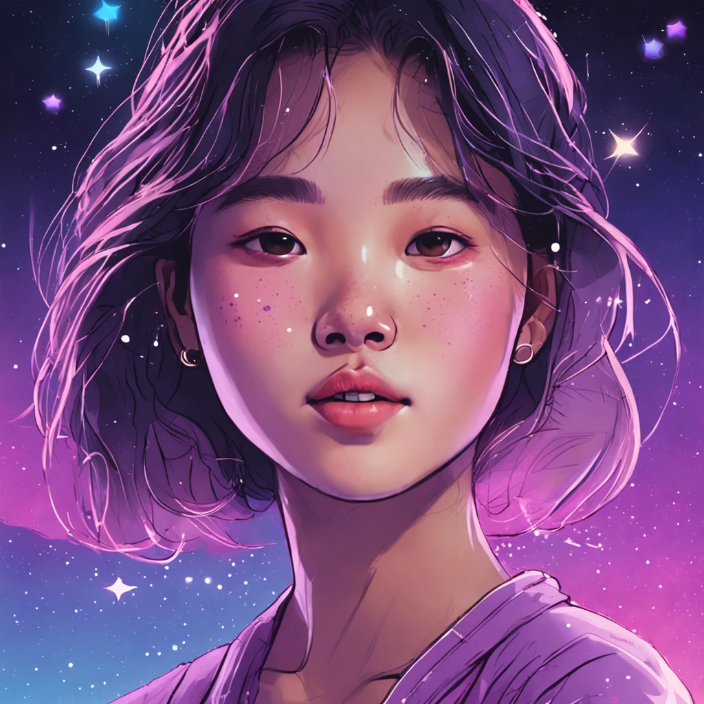 Half of the face of a Korean girl, Features realistic stroke styles and pastel colors using a purple and blue palette, With cosmos as a background and stars.