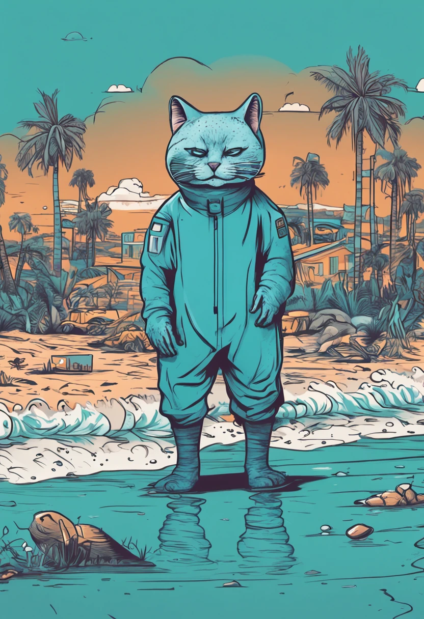 cartoonish style，A blue cat wearing a radiation protection suit leaks only two ears，Stand on a polluted beach，expression sad