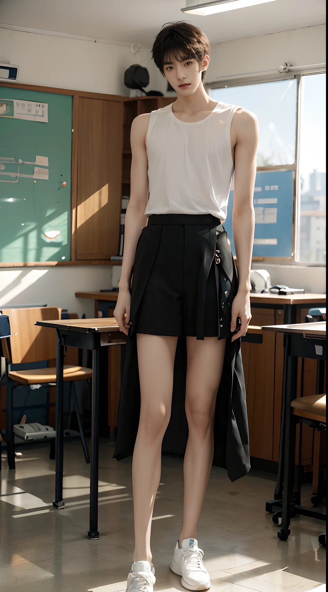 (A 15-year-old junior high school boy stands in a classroom:2),(malefocus),Height 200 cm,Slender legs,der riese,Tall guy,Tall,broad shoulder,Shota,Round face and pointed chin,(The face of the animated male protagonist),White top,Messy bangs,Eyes widen,orthofacial,athletic sneakers。and the sun was shining brightly,Classroom,ultra-realistic realism, (Photorealistic detail), Incredible accuracy, lifelike textures, masterful technique, Jaw-dropping precision, artistic dedication,(anatomy correct),Good lighting,exquisite detailing,Best quality,stunning masterpiece,CG,(Colored screen)